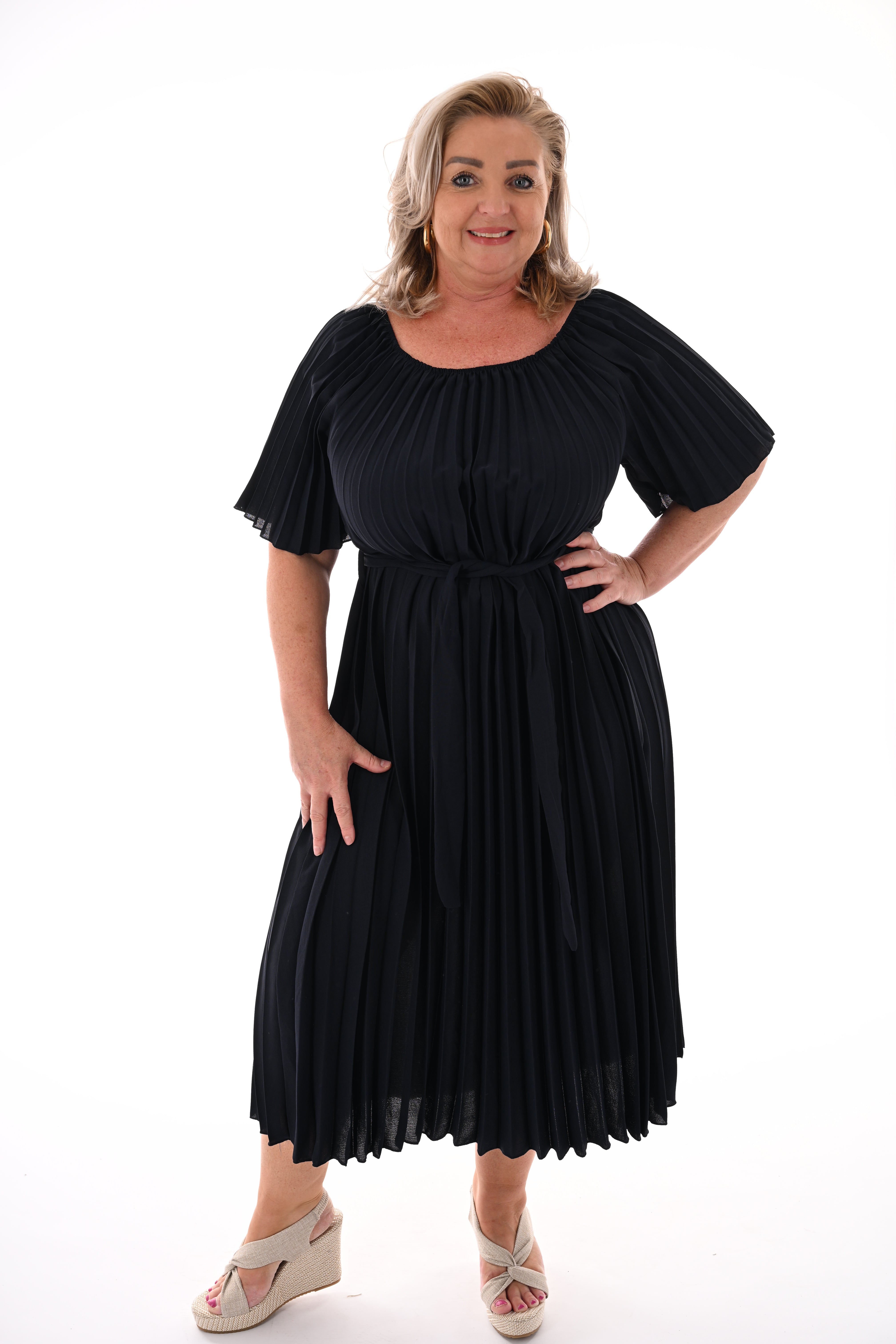 Plisse jurk met ceintuur uni marineblauw