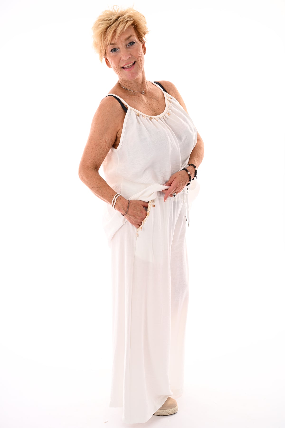 Tweedelig set top schelpjes roomwit