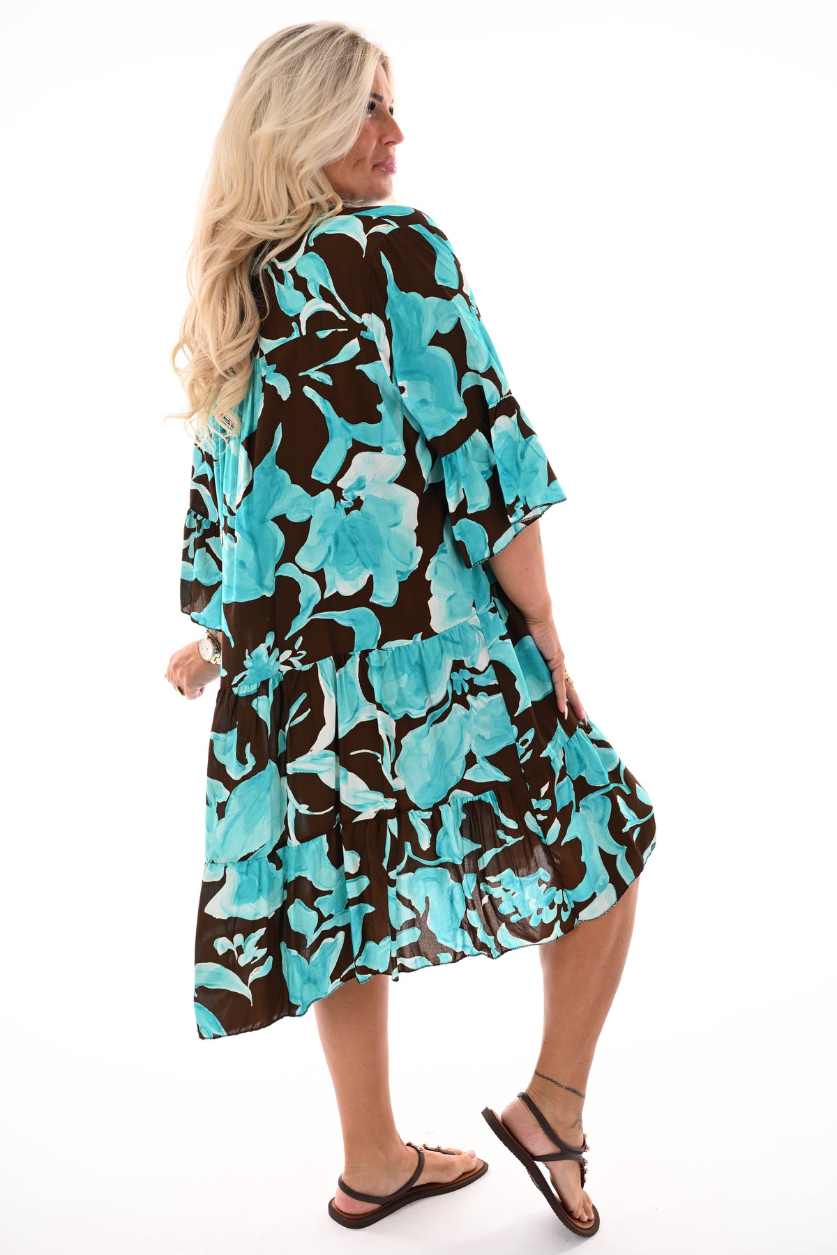 Half lange jurk v-hals stroken print bruin/turquoise