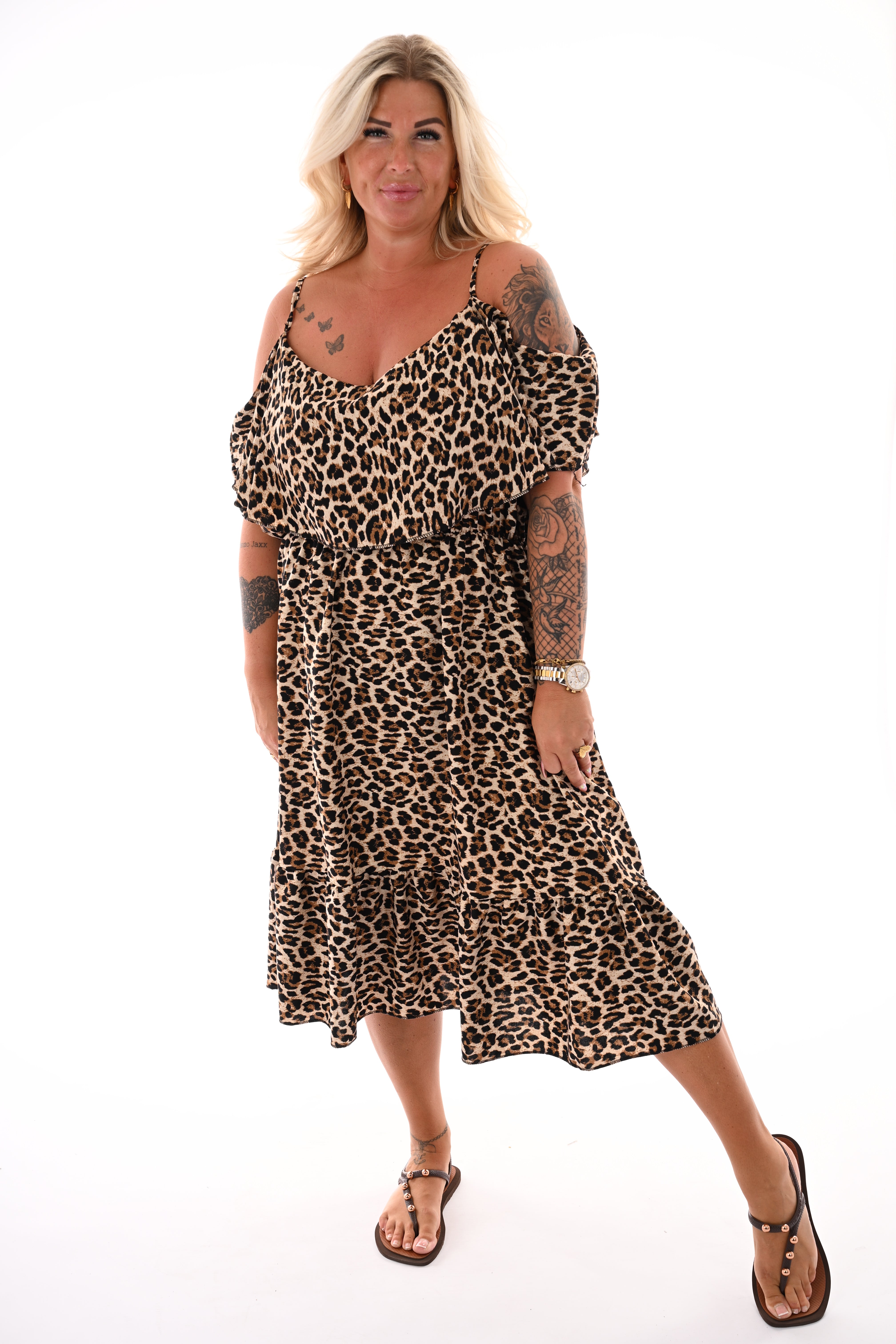 Jurk met ruche top panterprint beige