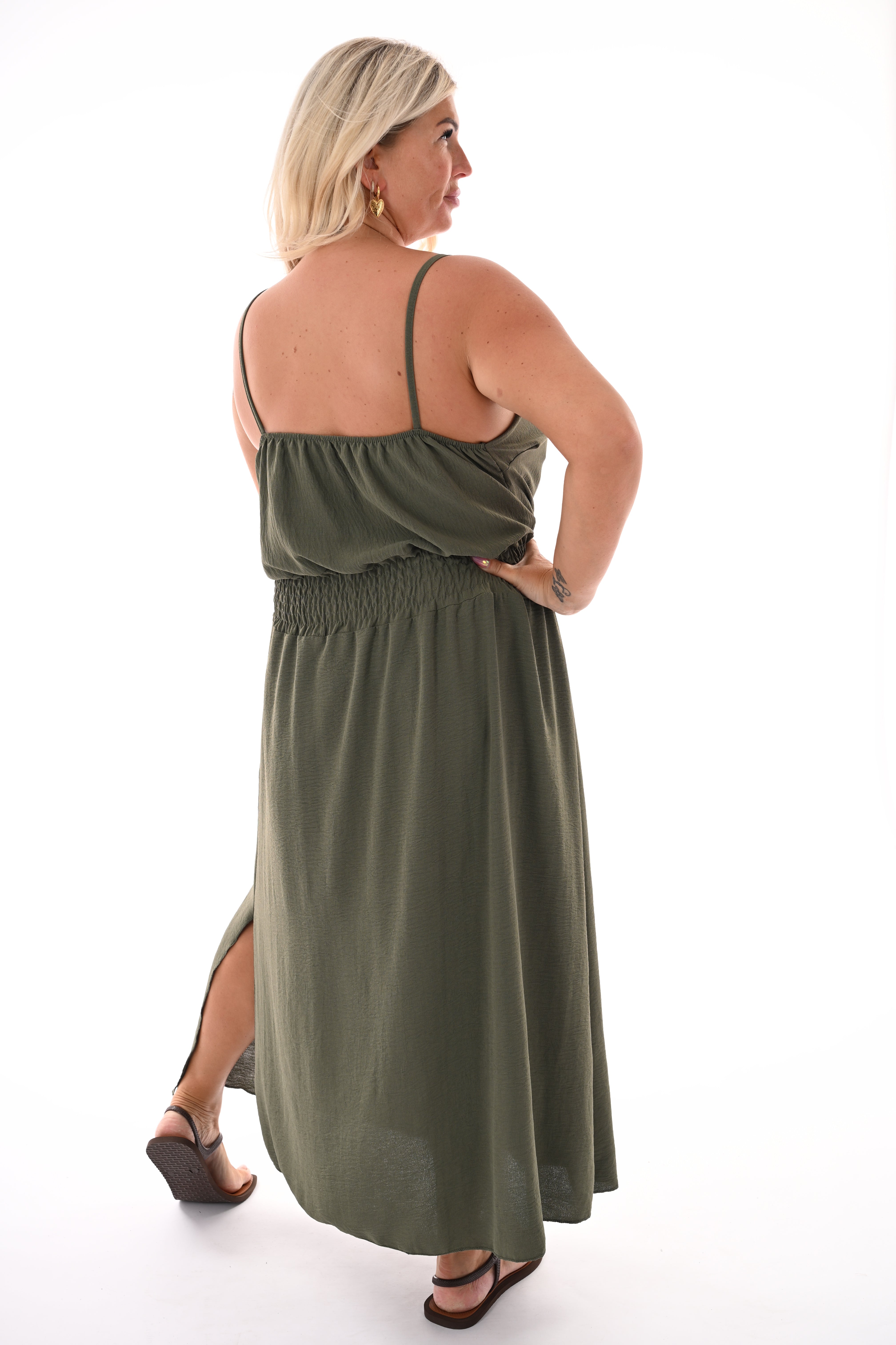 Lange jurk smock taille uni legergroen