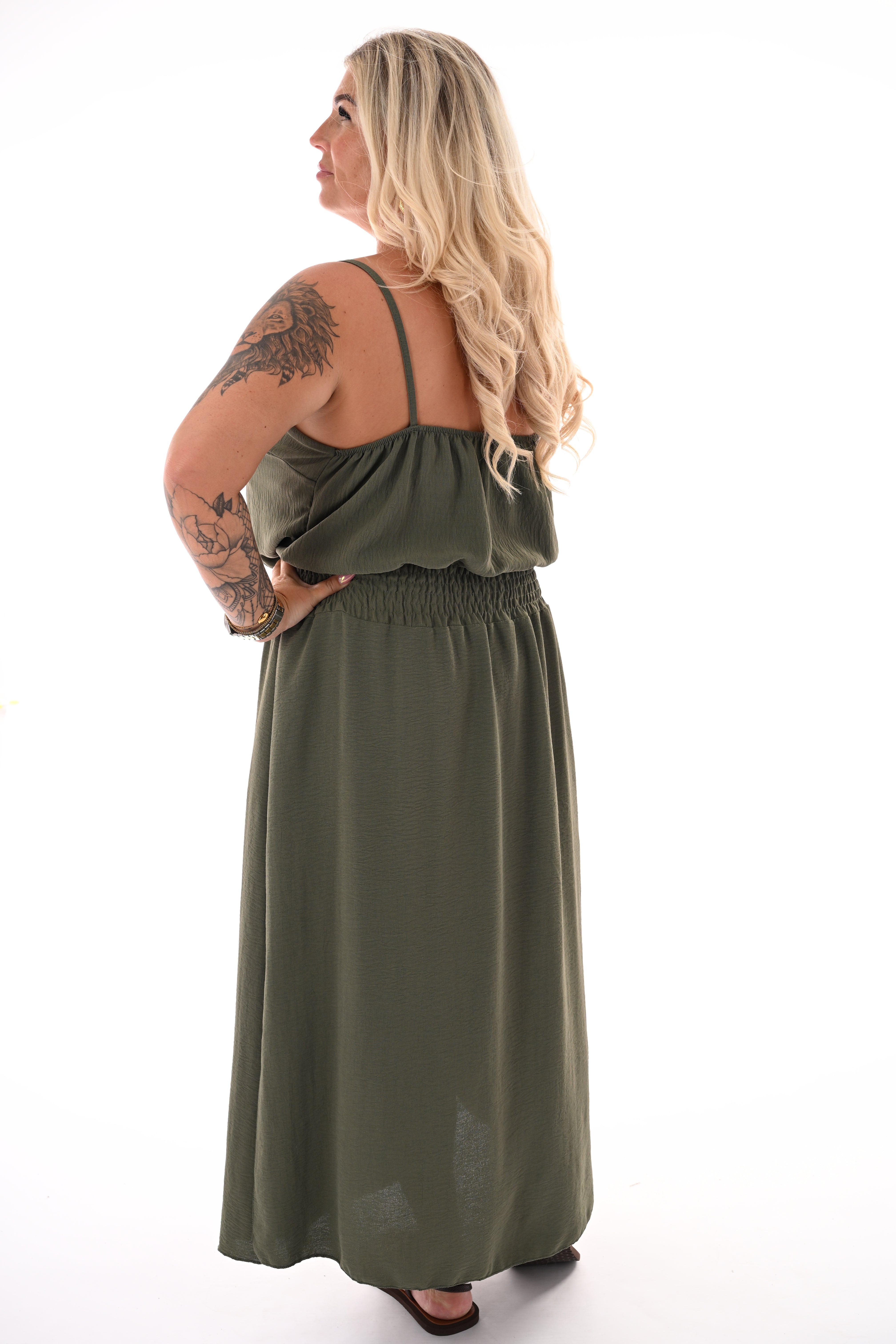 Lange jurk smock taille uni legergroen