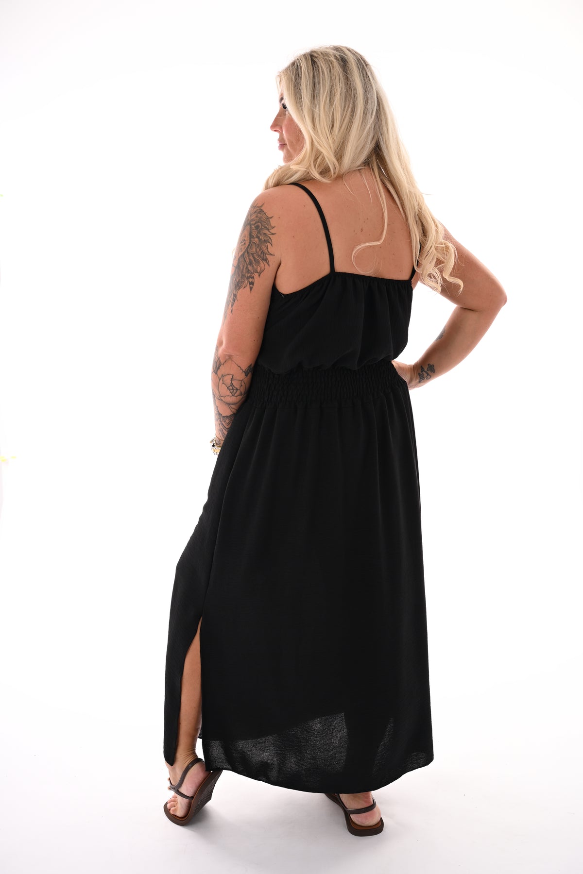 Lange jurk smock taille uni zwart