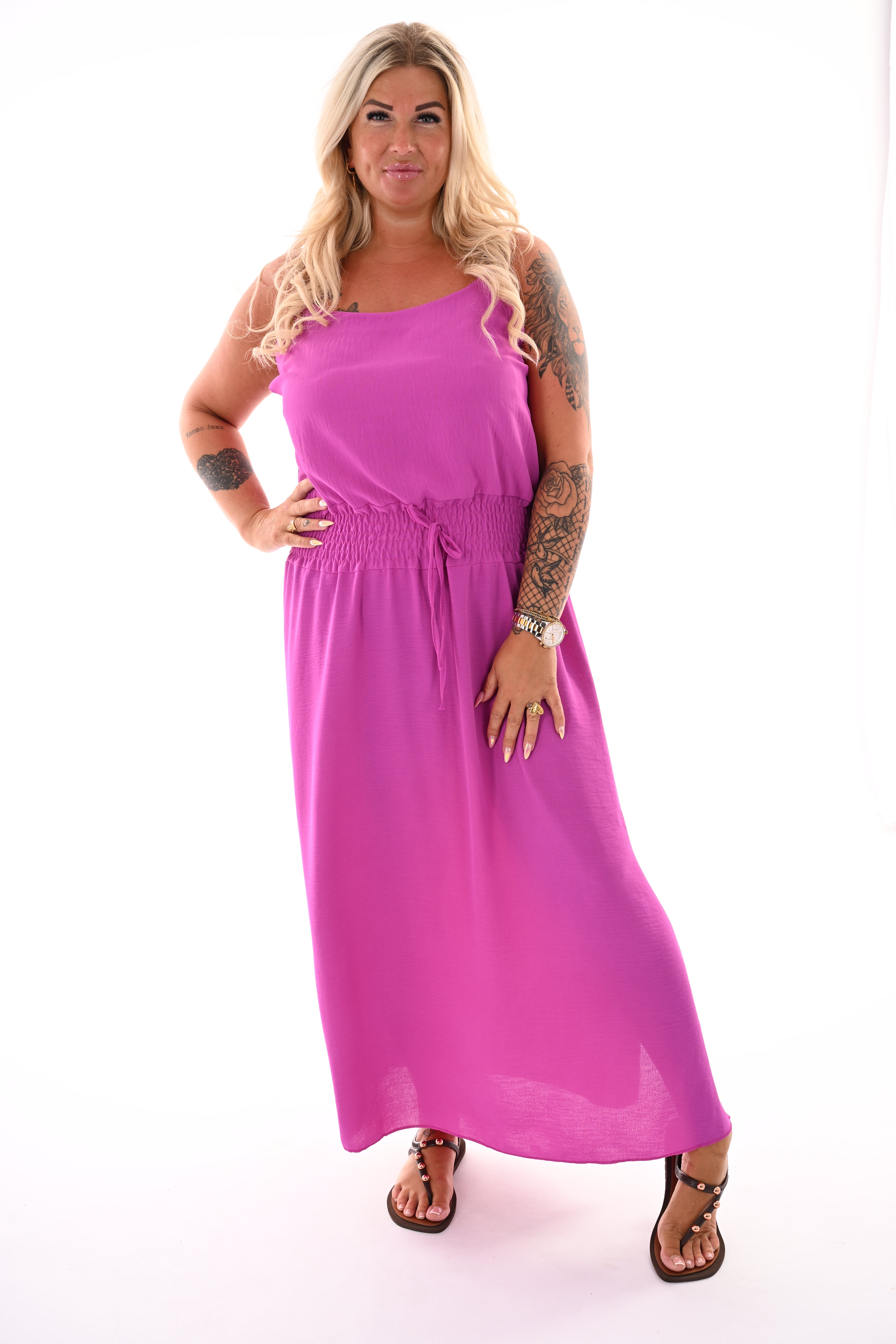 Lange jurk smock taille uni magenta