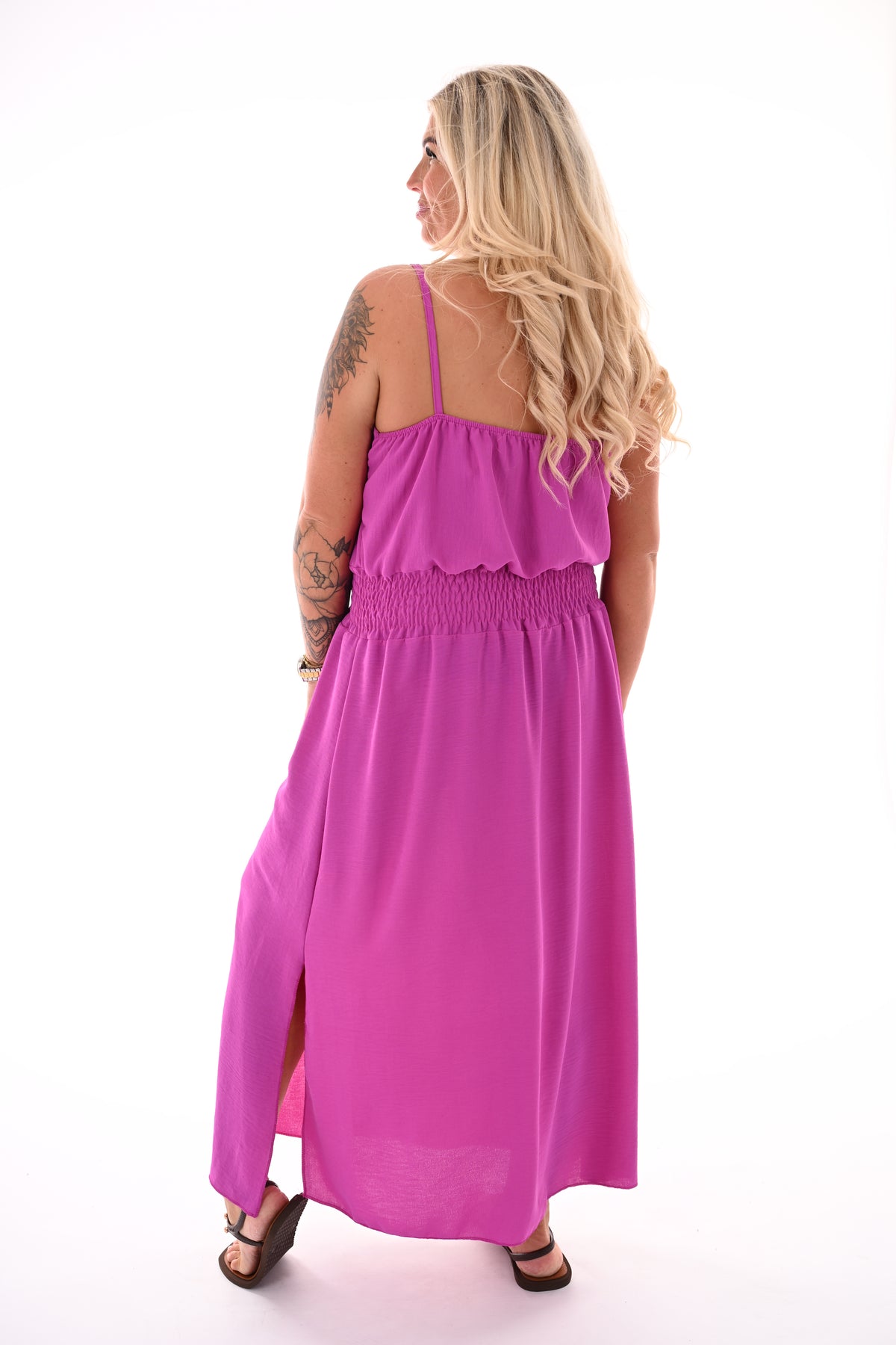 Lange jurk smock taille uni magenta
