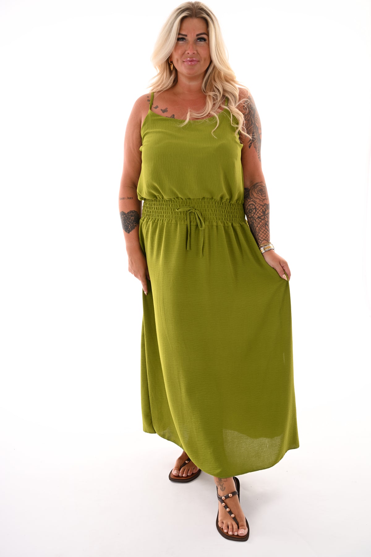 Lange jurk smock taille uni lime