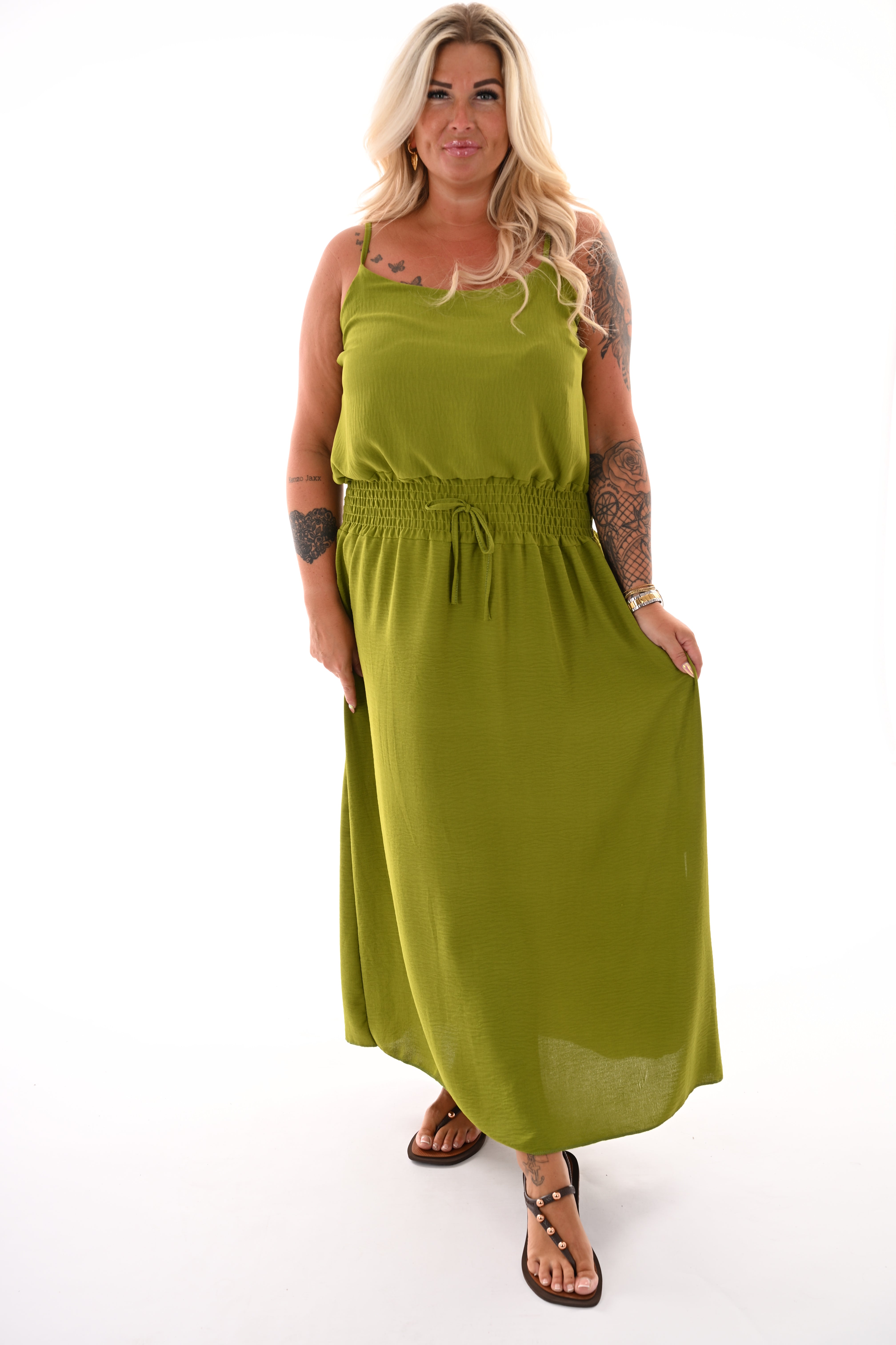 Lange jurk smock taille uni lime