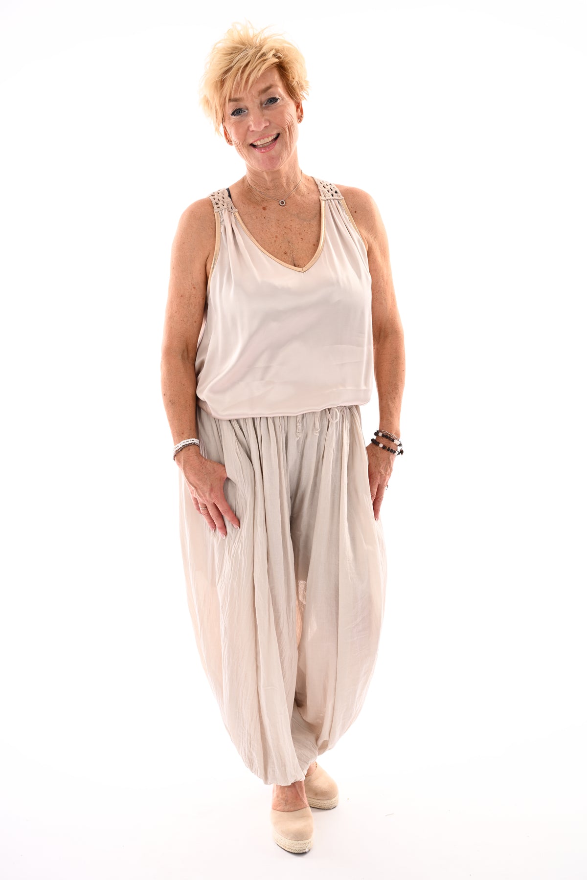 Silky top gehaakte rug beige