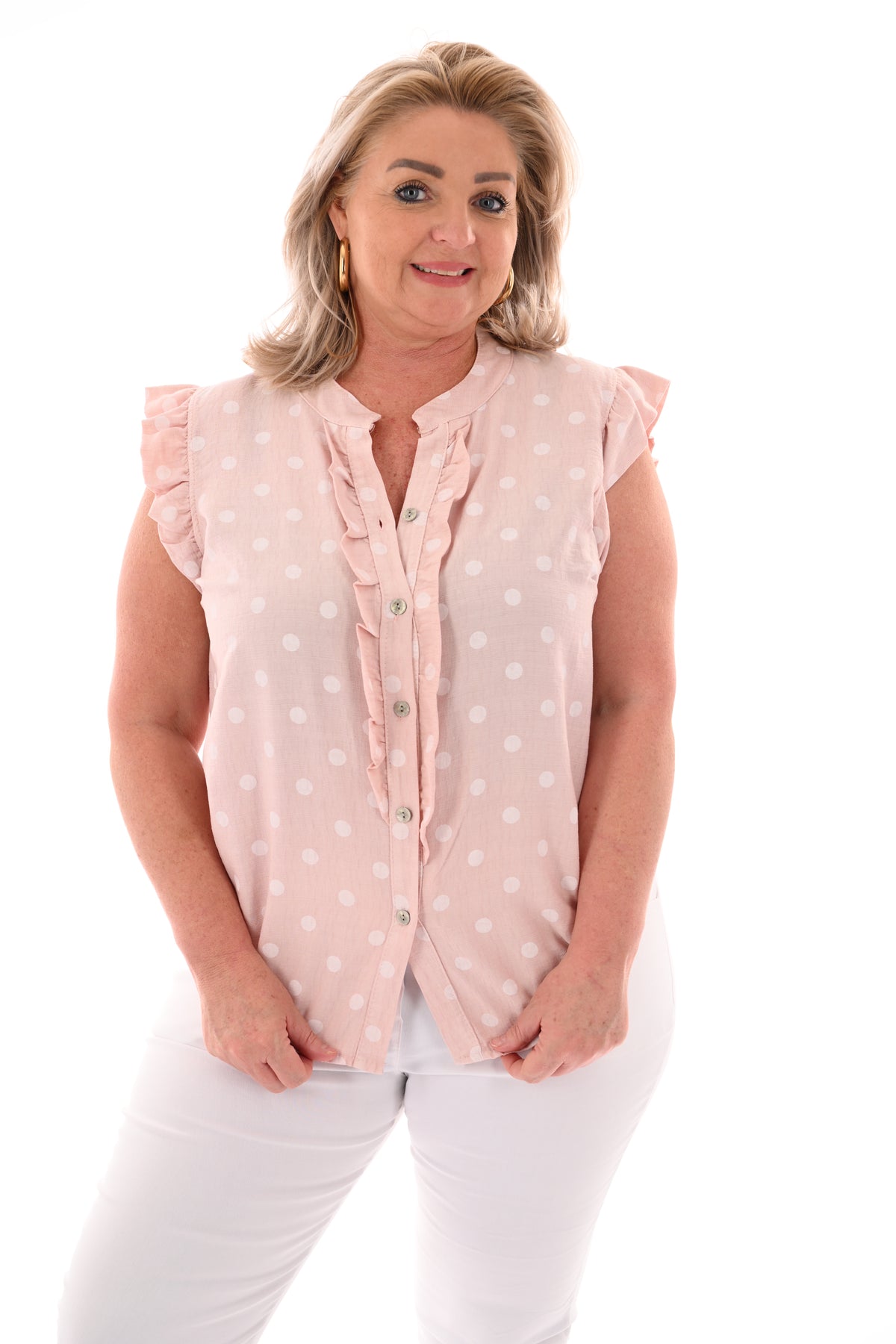 Dots blouse mouwloos met roezels lichtroze