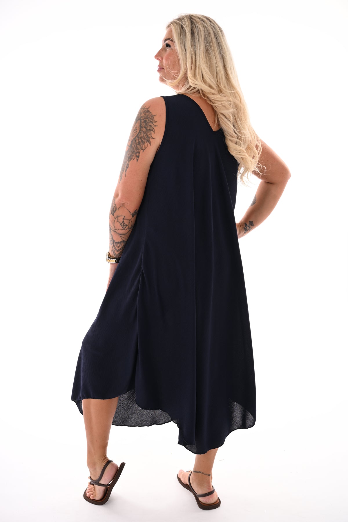 mouwloze jurk v-hals marineblauw