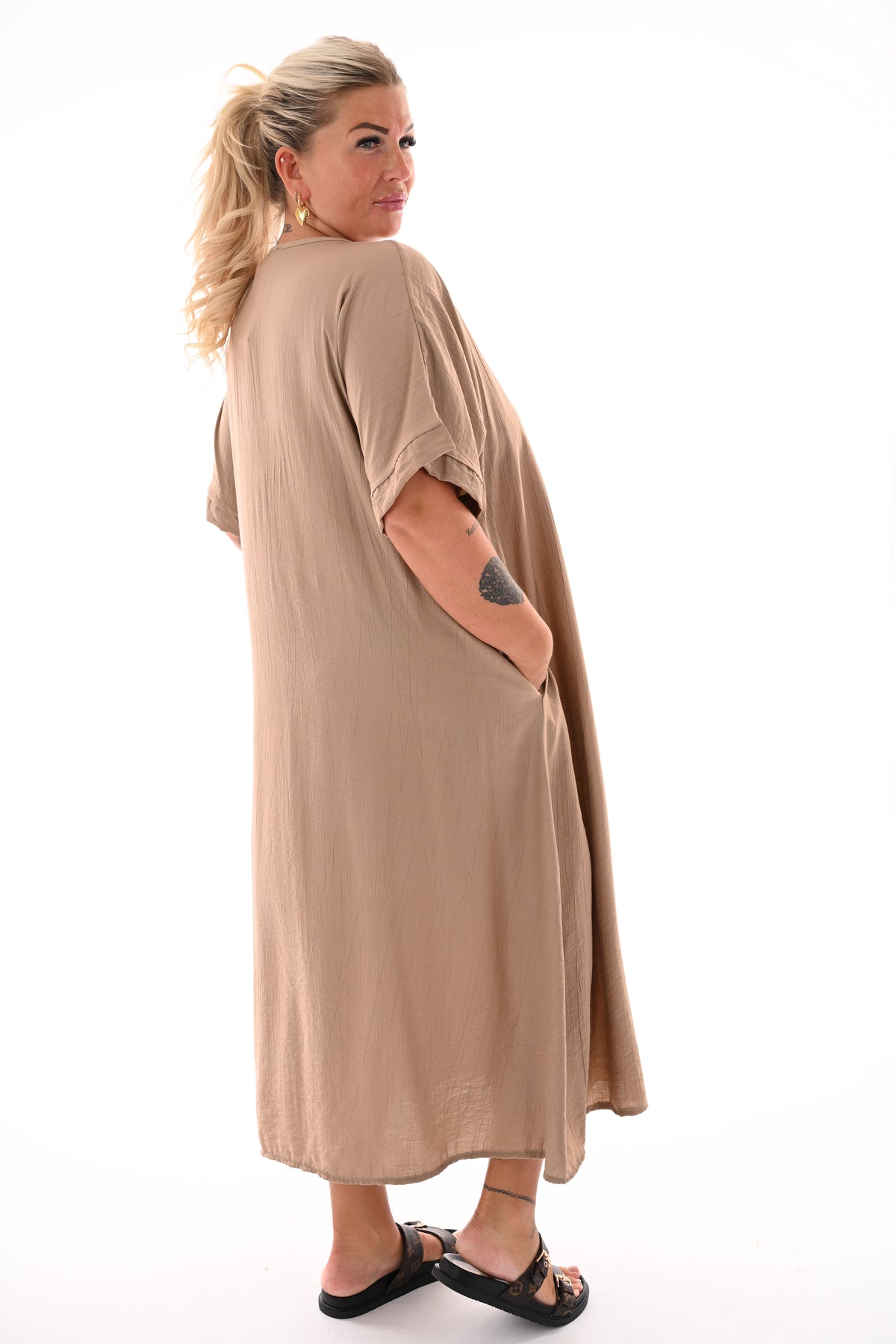 Lange jurk v-hals uni taupe