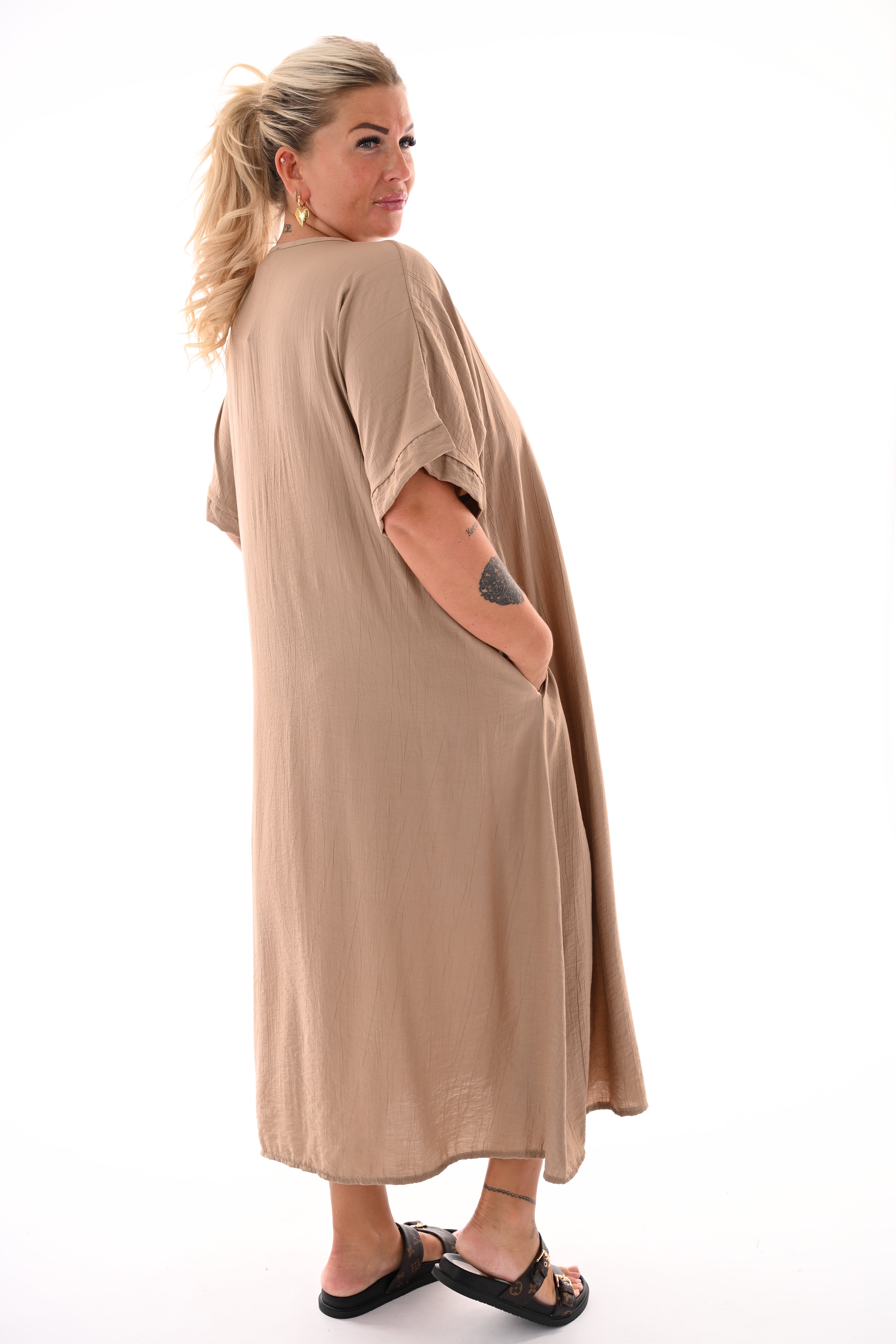 Lange jurk v-hals uni taupe