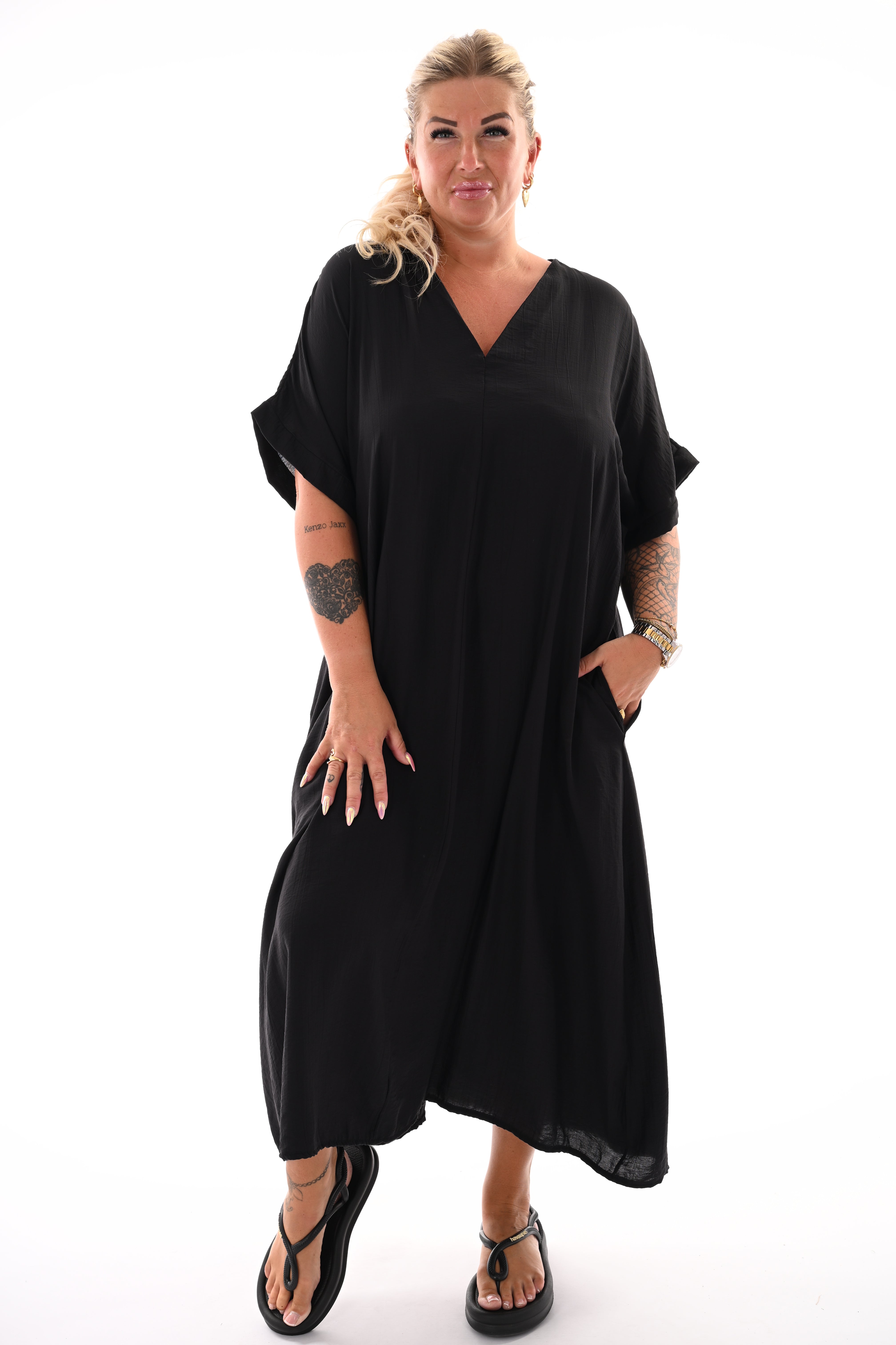 Lange jurk v-hals uni zwart