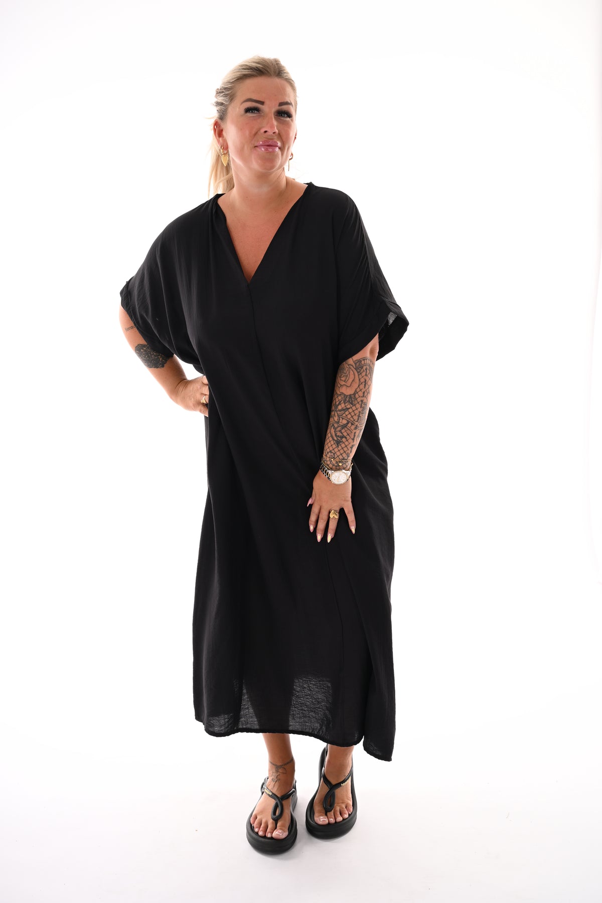 Lange jurk v-hals uni zwart