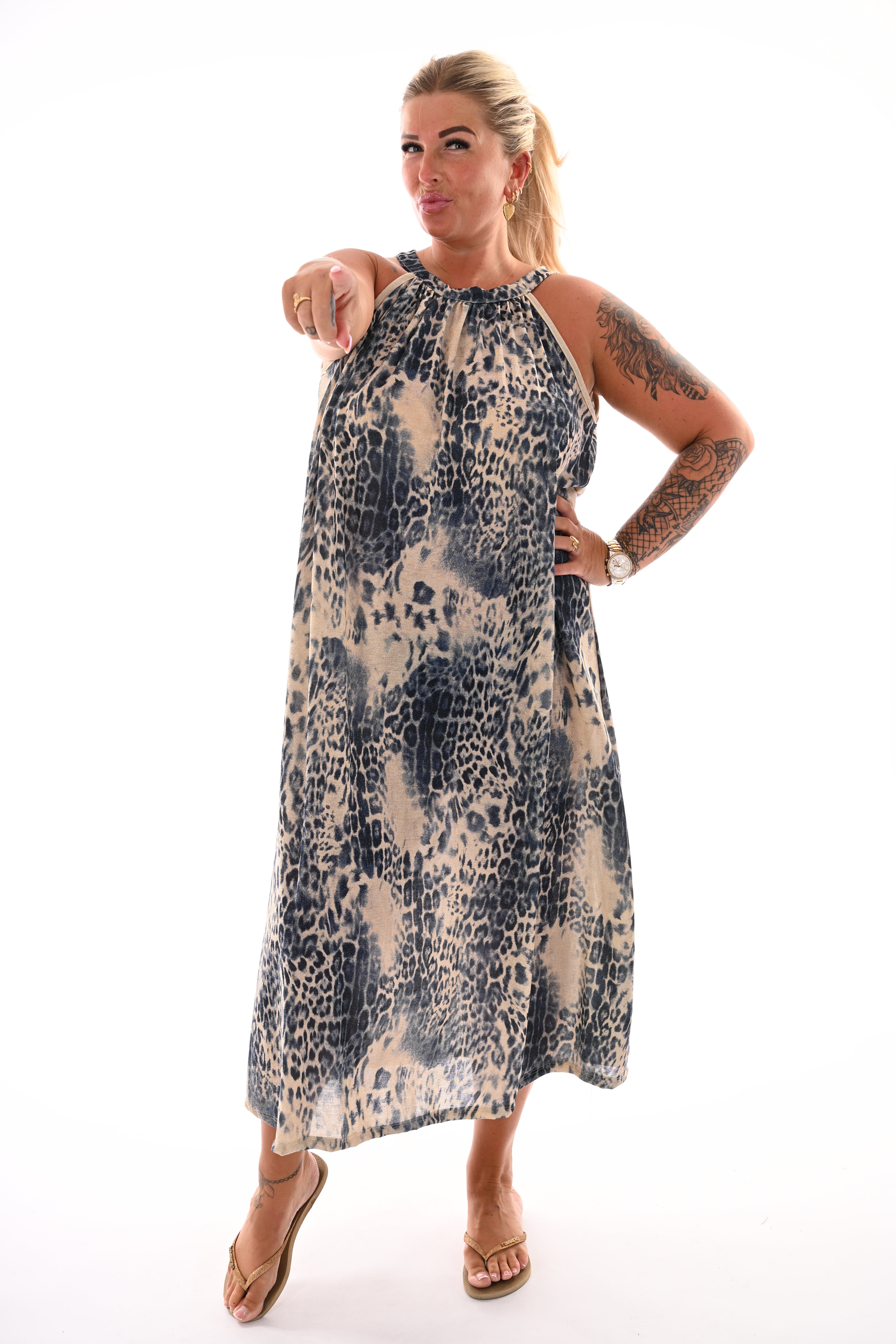 Lange halter jurk luipaard print marineblauw