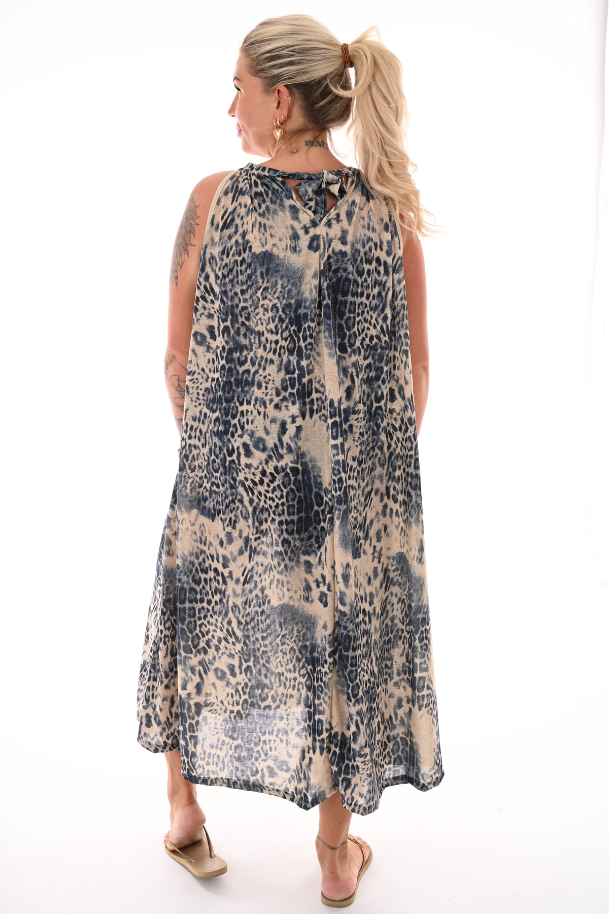Lange halter jurk luipaard print marineblauw