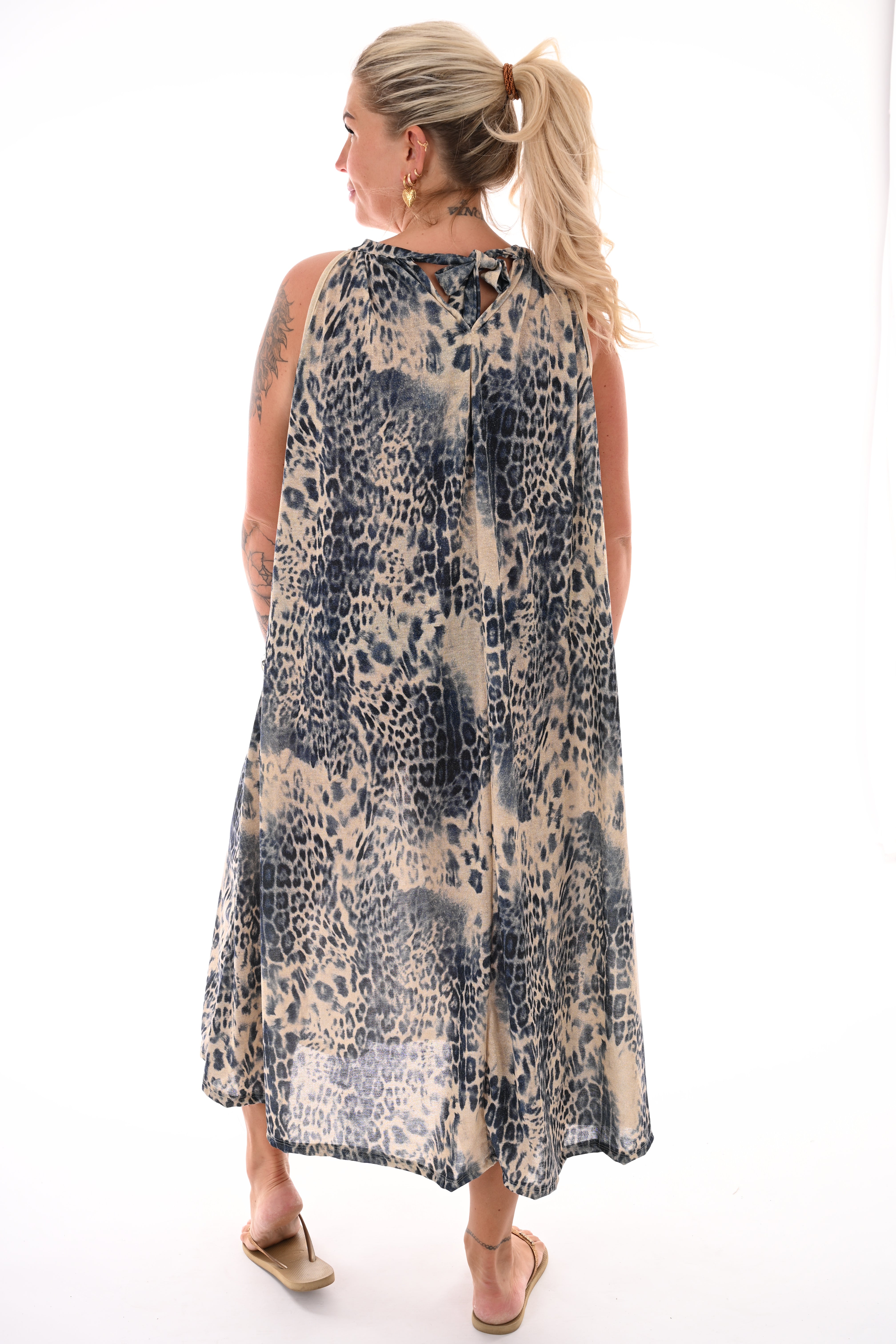 Lange halter jurk luipaard print marineblauw