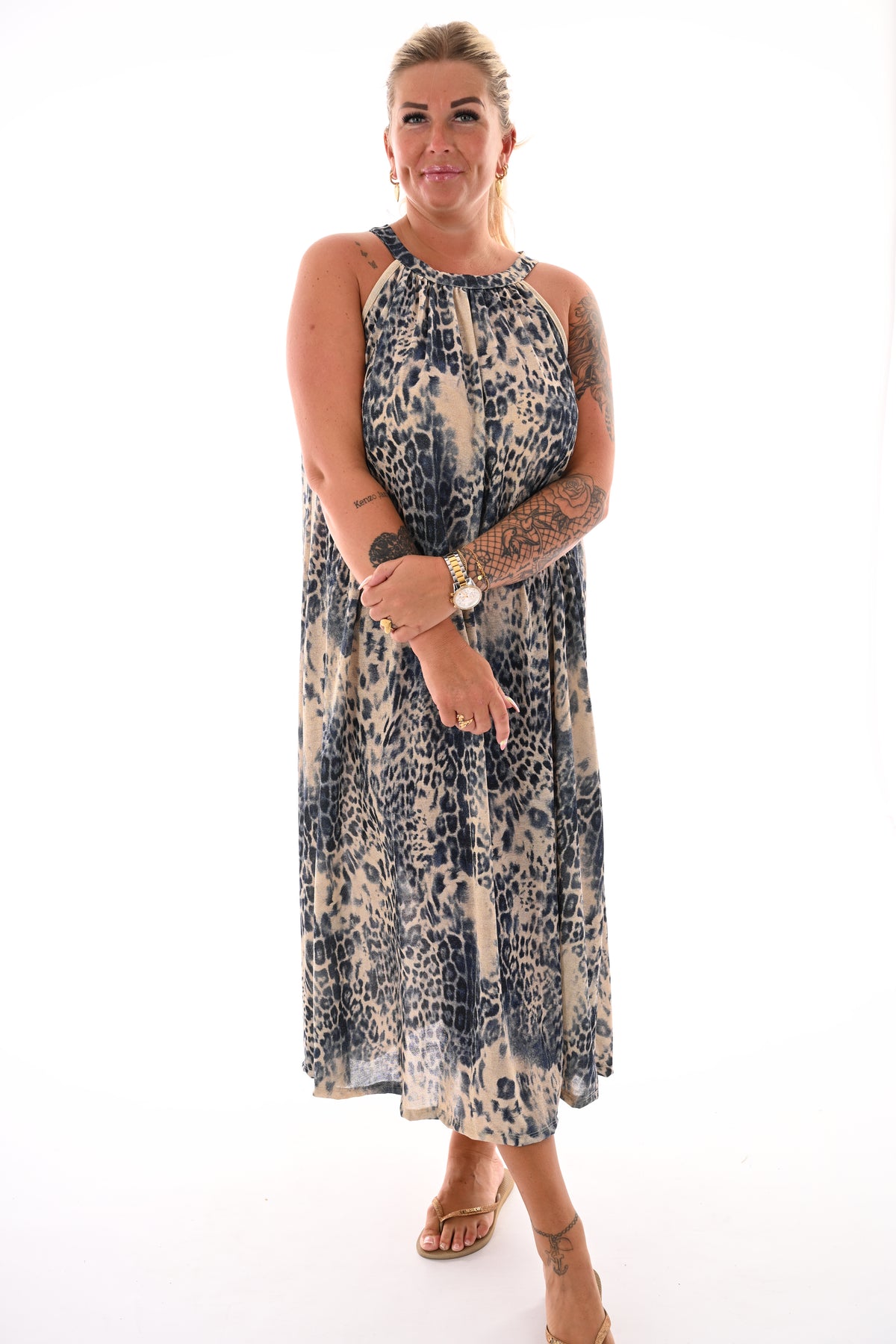 Lange halter jurk luipaard print marineblauw