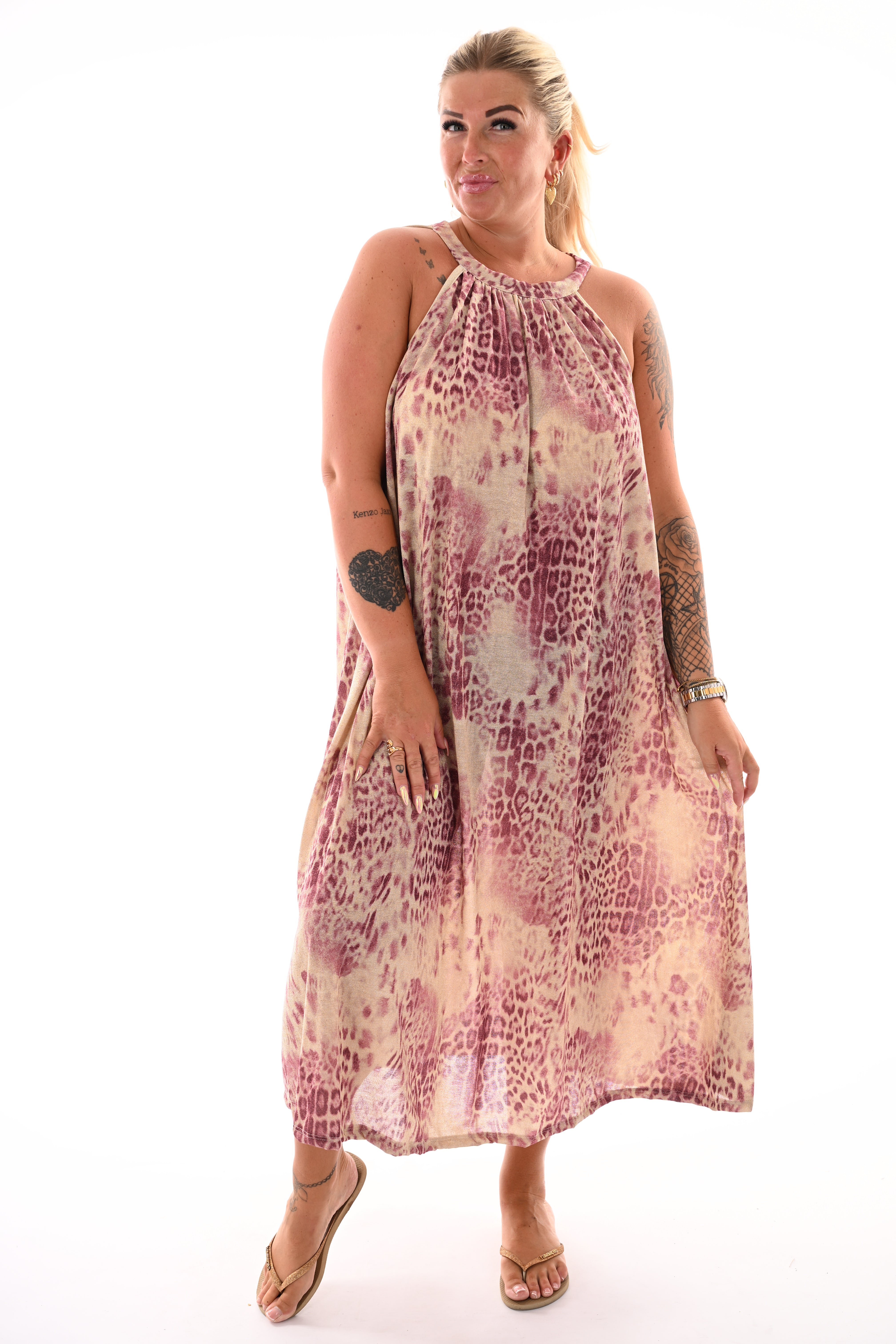 Lange halter jurk luipaard print cyclaam