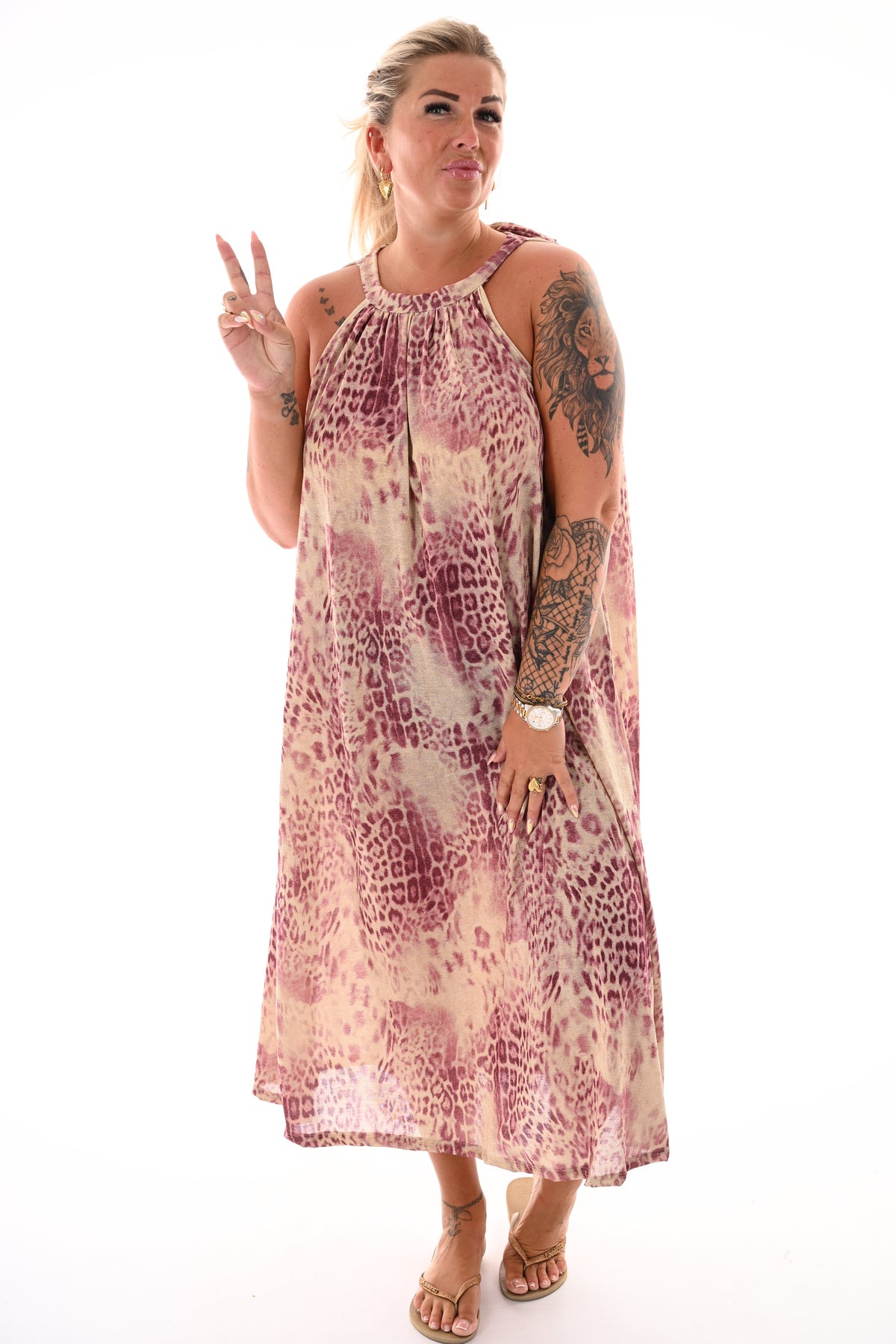 Lange halter jurk luipaard print cyclaam