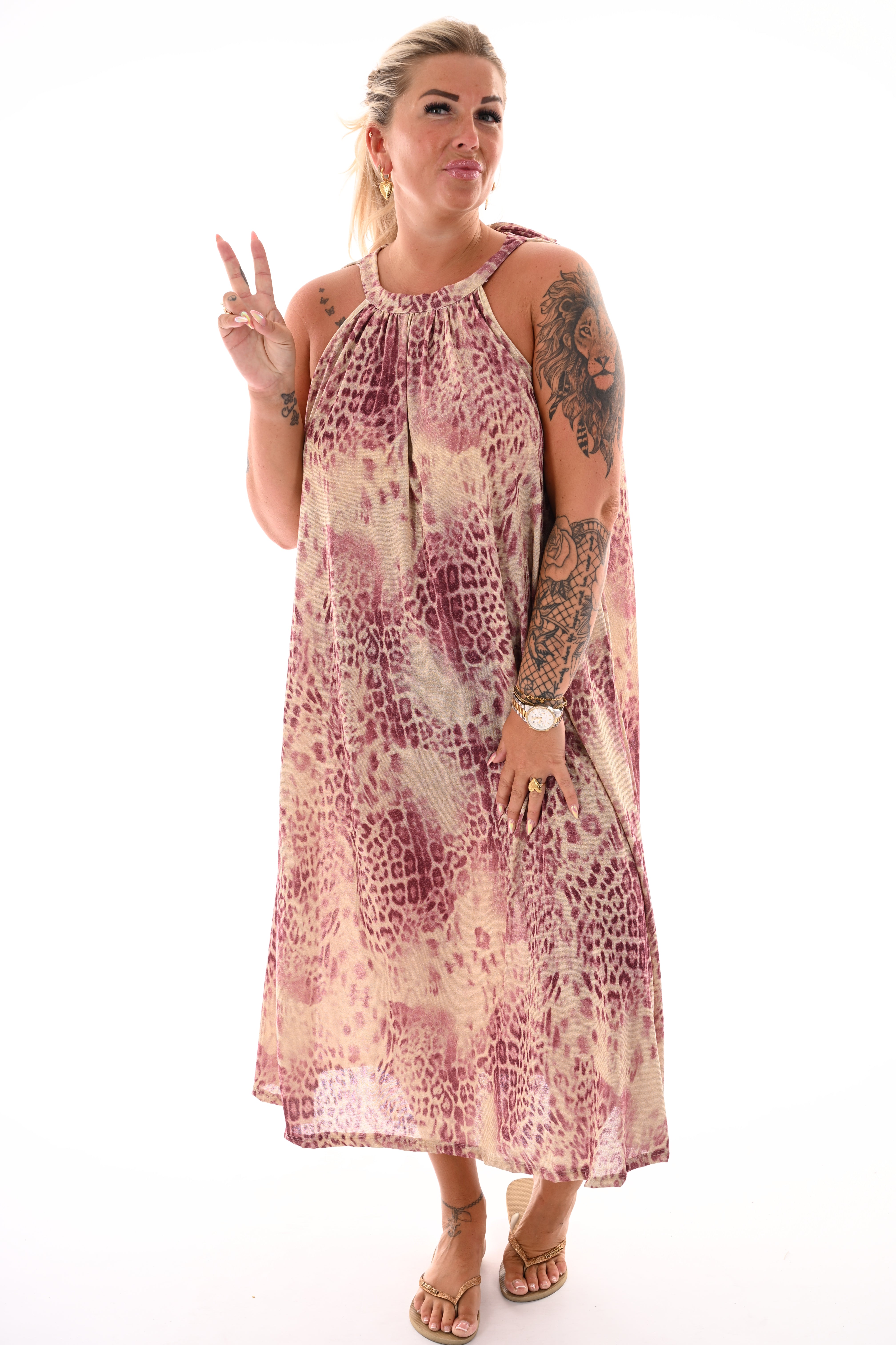 Lange halter jurk luipaard print cyclaam