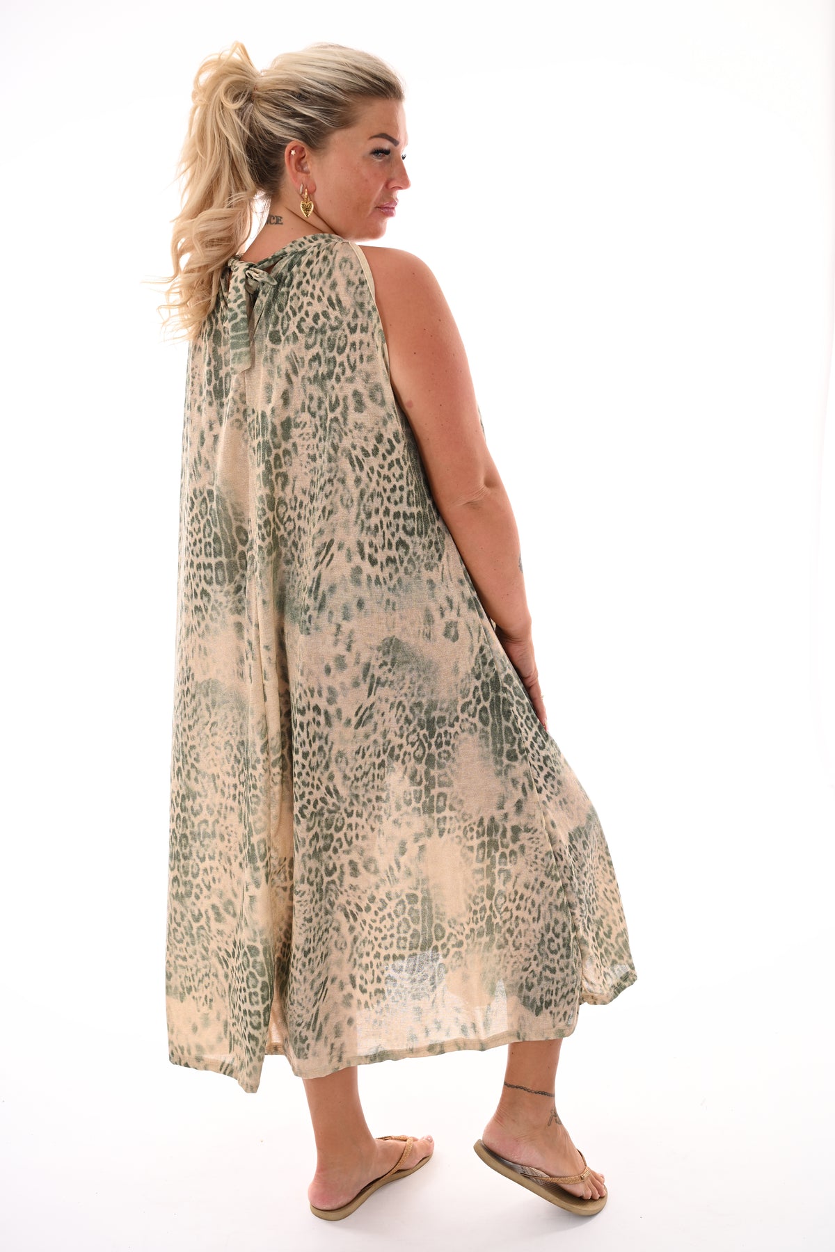 Lange halter jurk luipaard print legergroen
