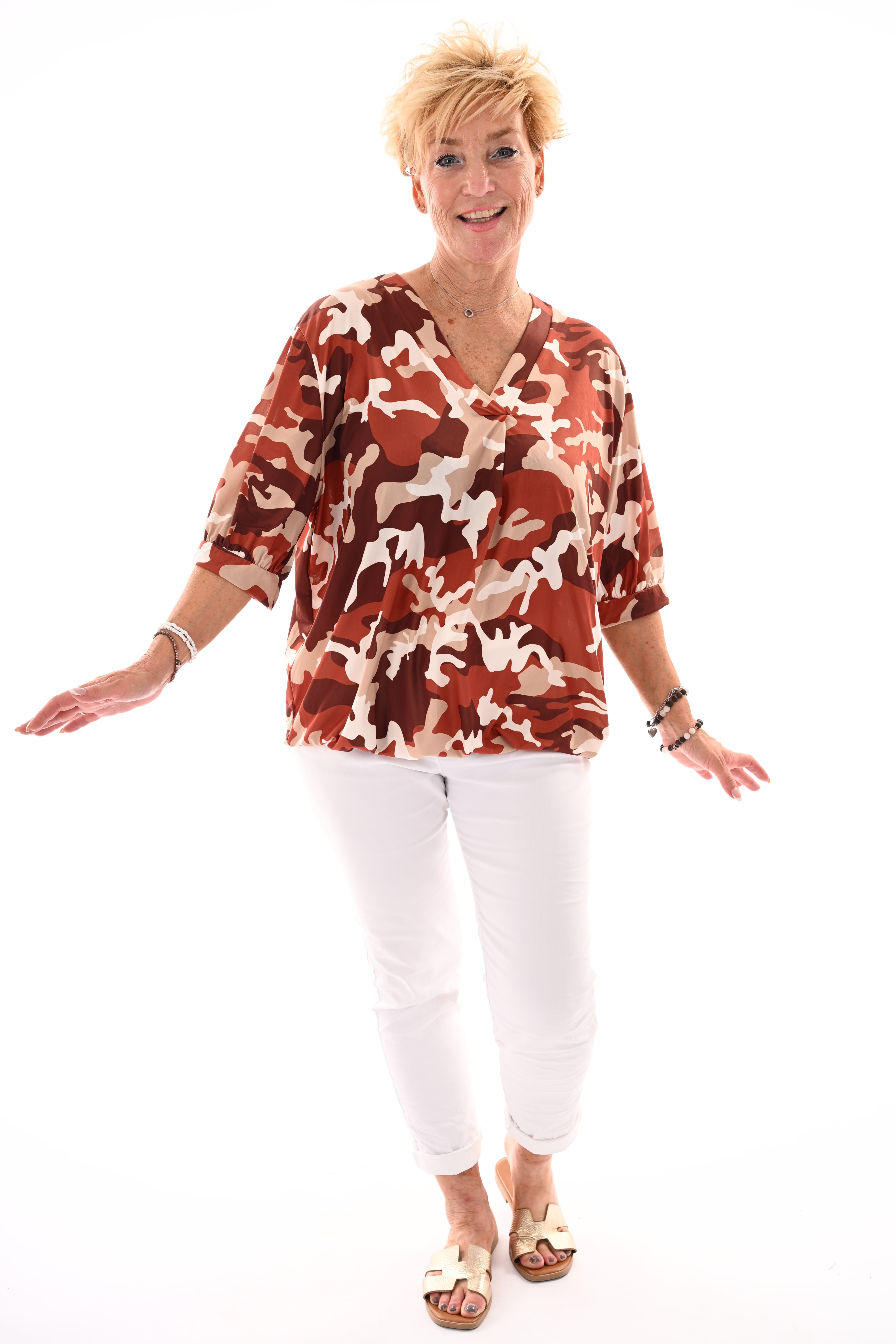 Travel top army v-hals roestbruin/beige