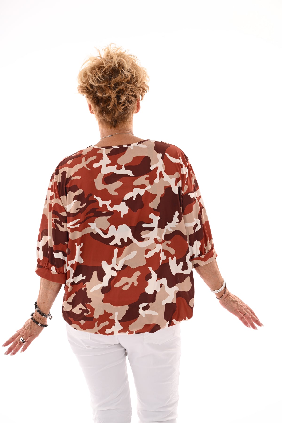 Travel top army v-hals roestbruin/beige