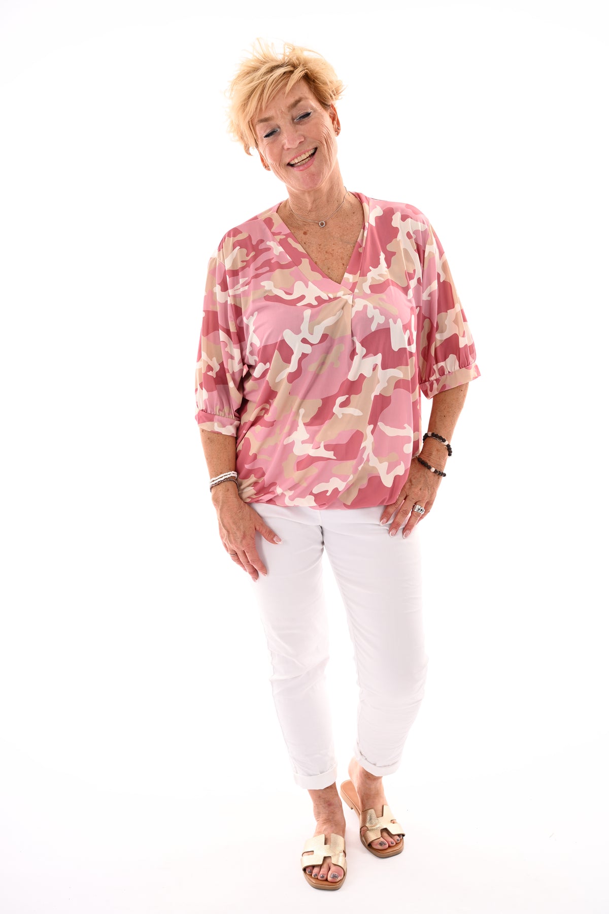 Travel top army v-hals oudroze/beige