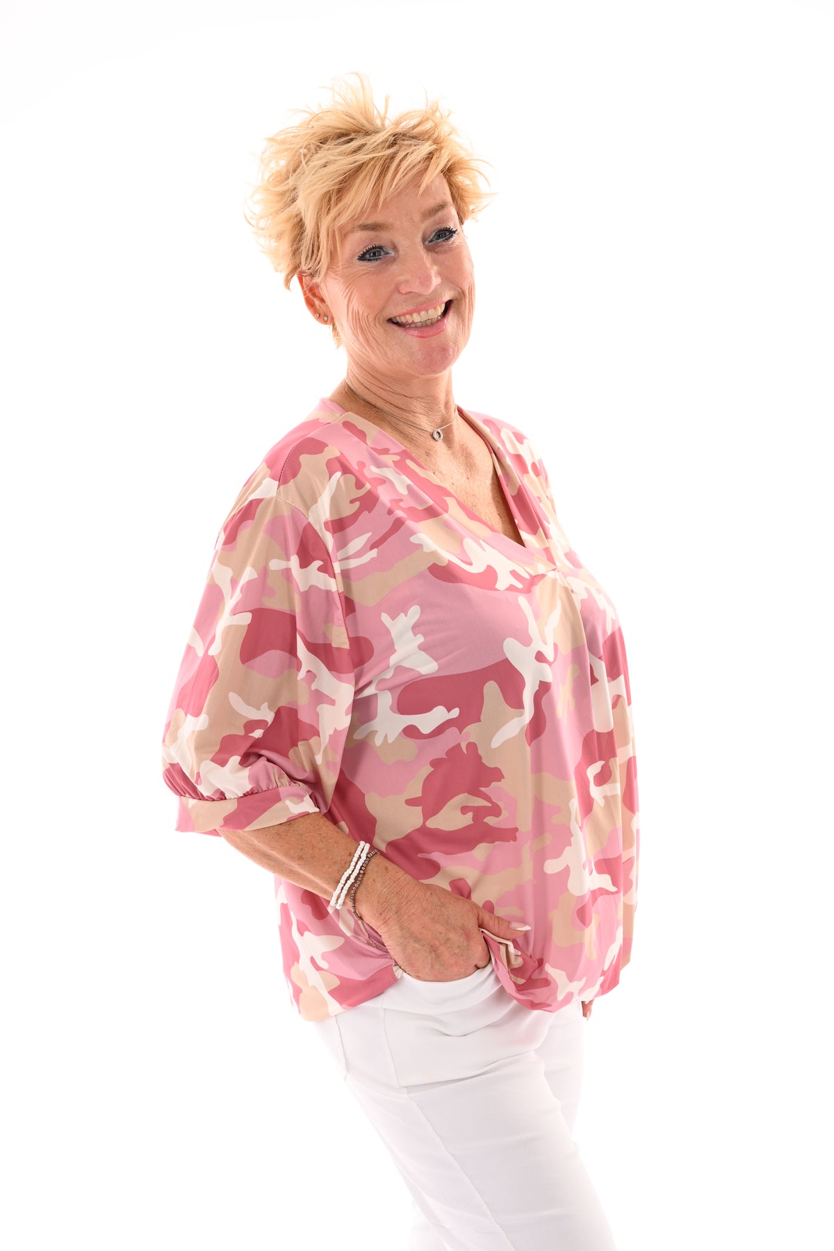 Travel top army v-hals oudroze/beige
