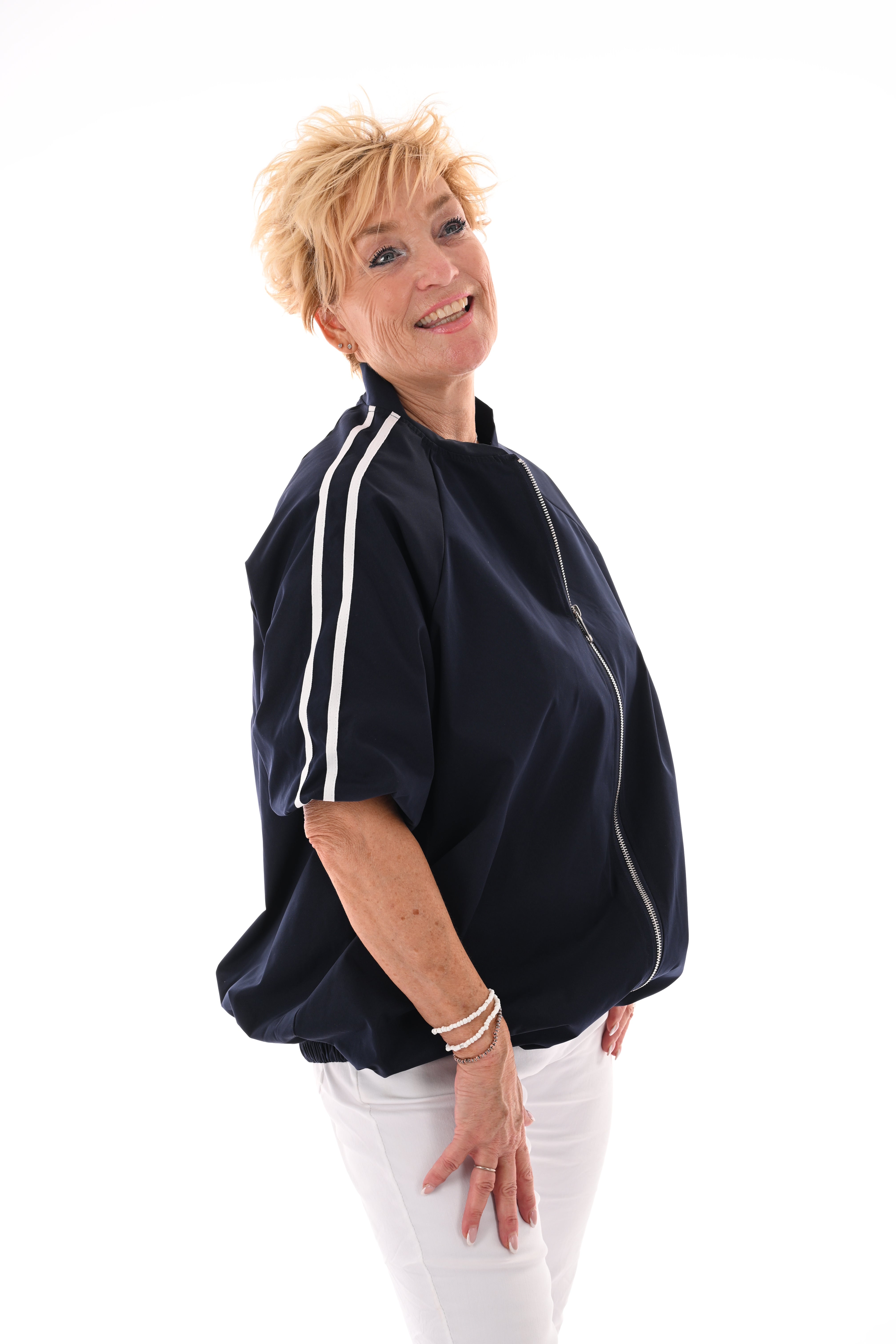 Kort jasje met bies korte mouwen marineblauw/wit