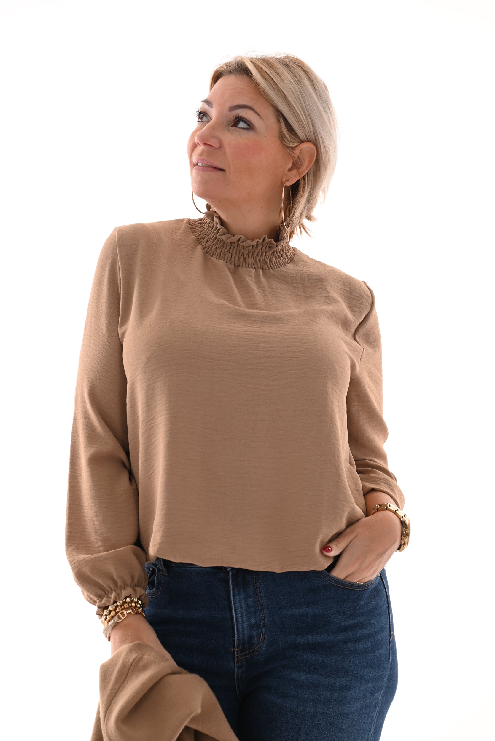 Blouse met smock detail camel