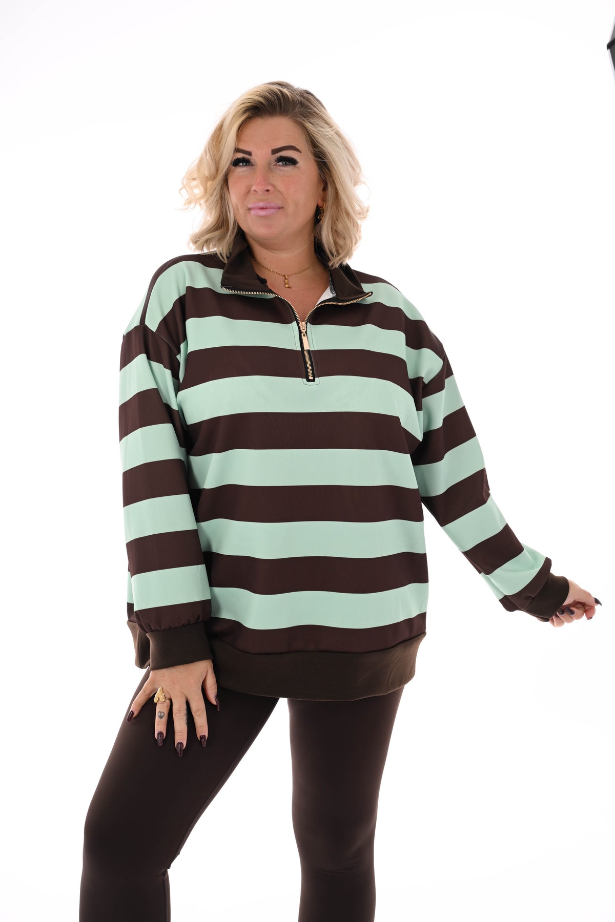 Sweater strepen met rits mintgroen