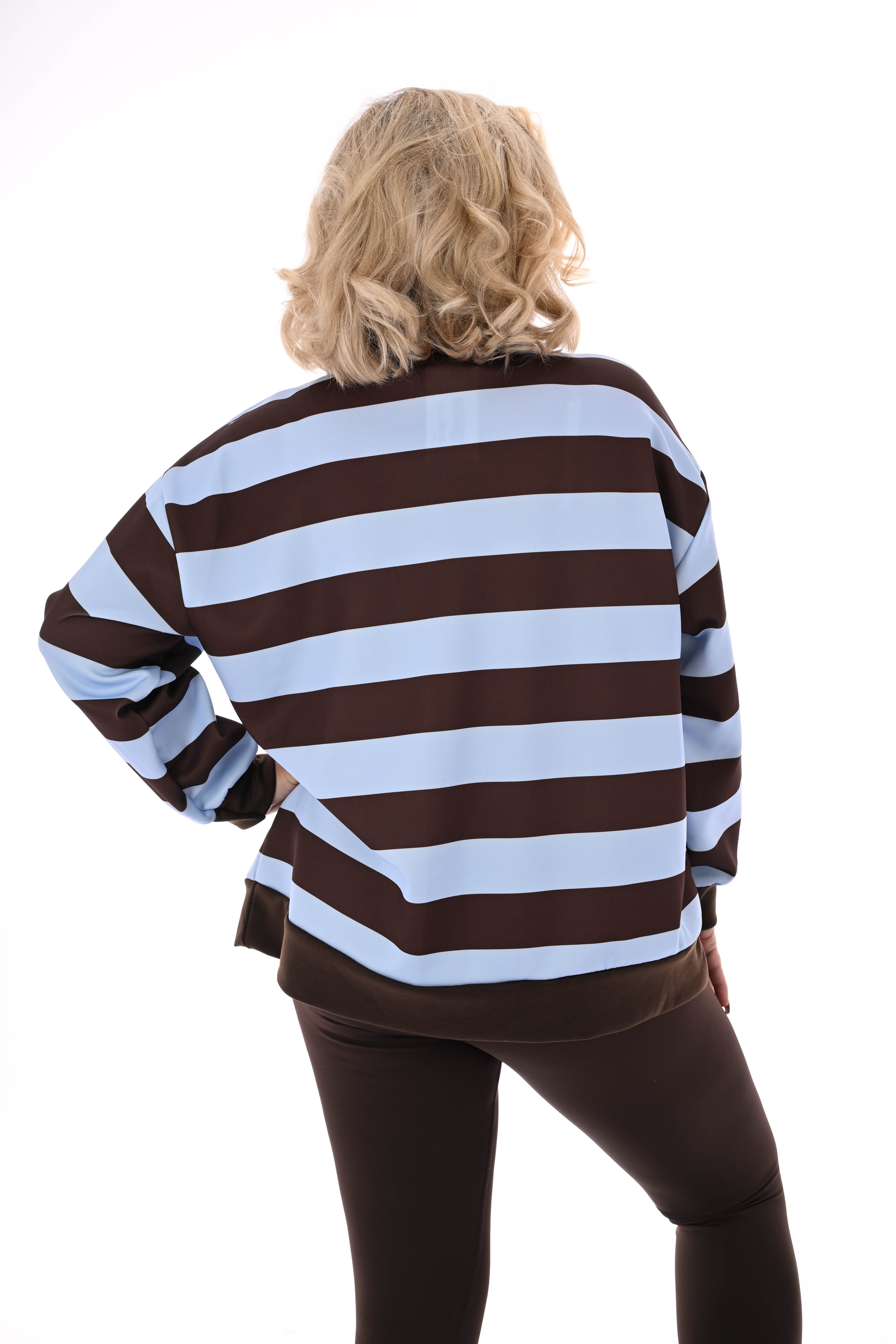 Sweater strepen met rits lichtblauw