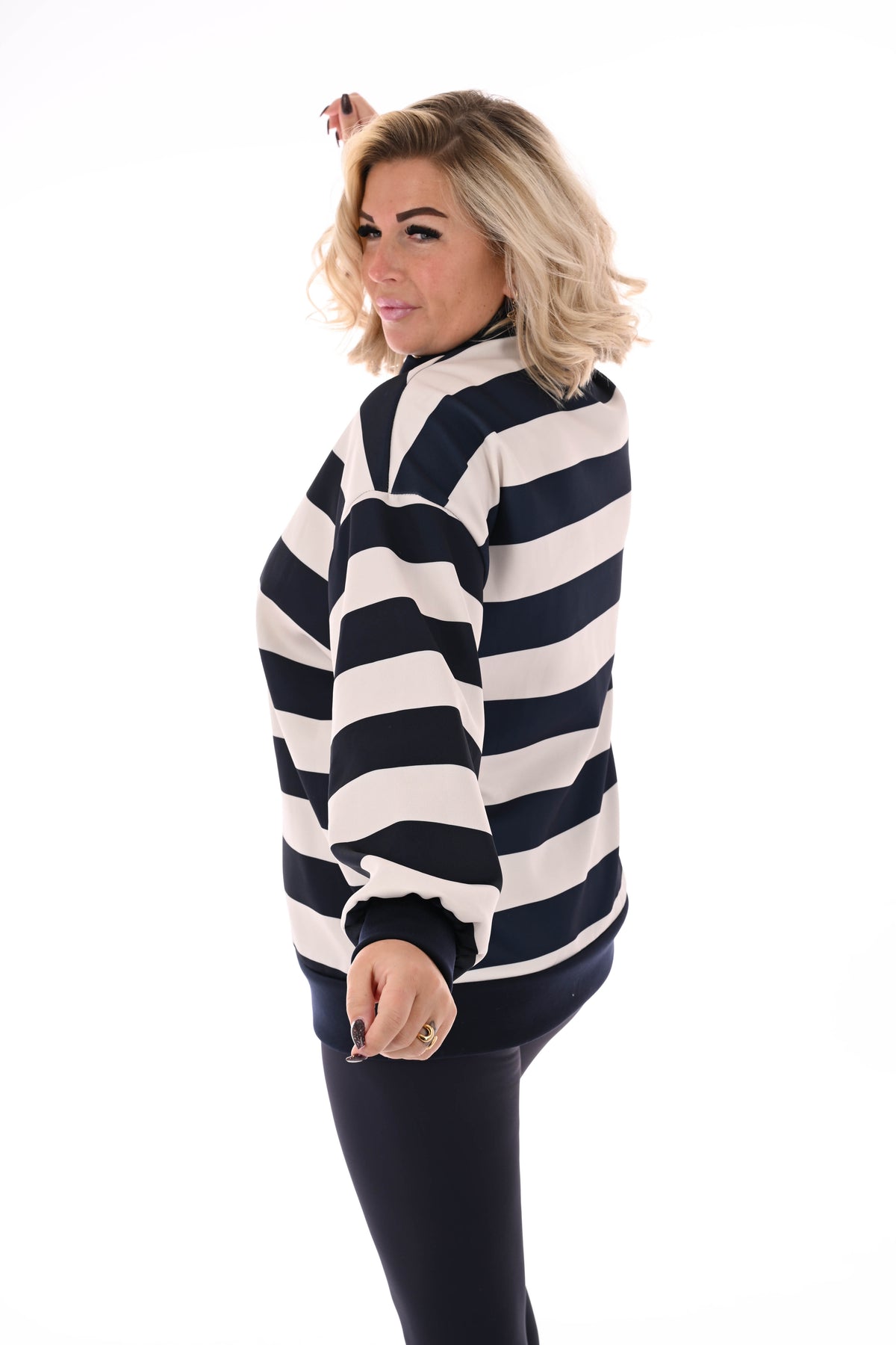 Sweater strepen met rits marineblauw