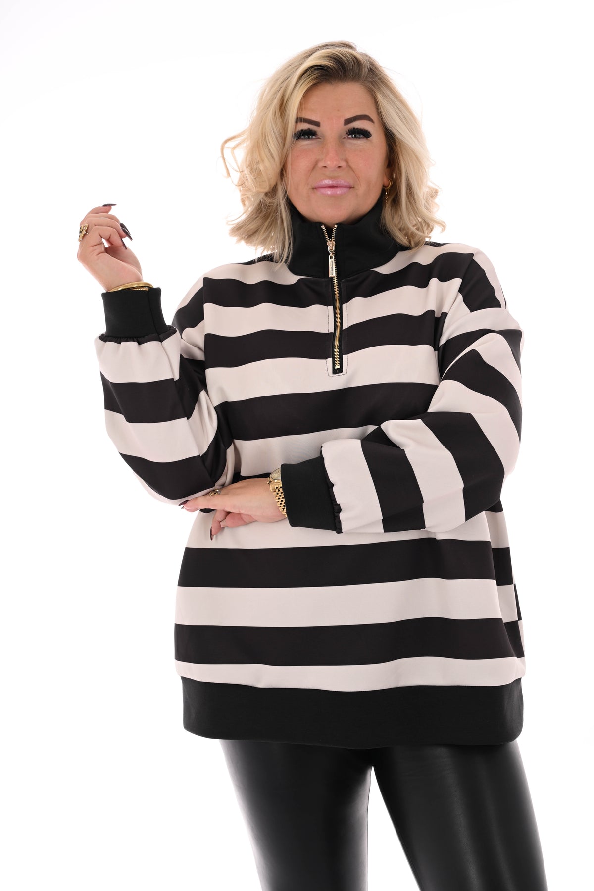 Sweater strepen met rits zwart