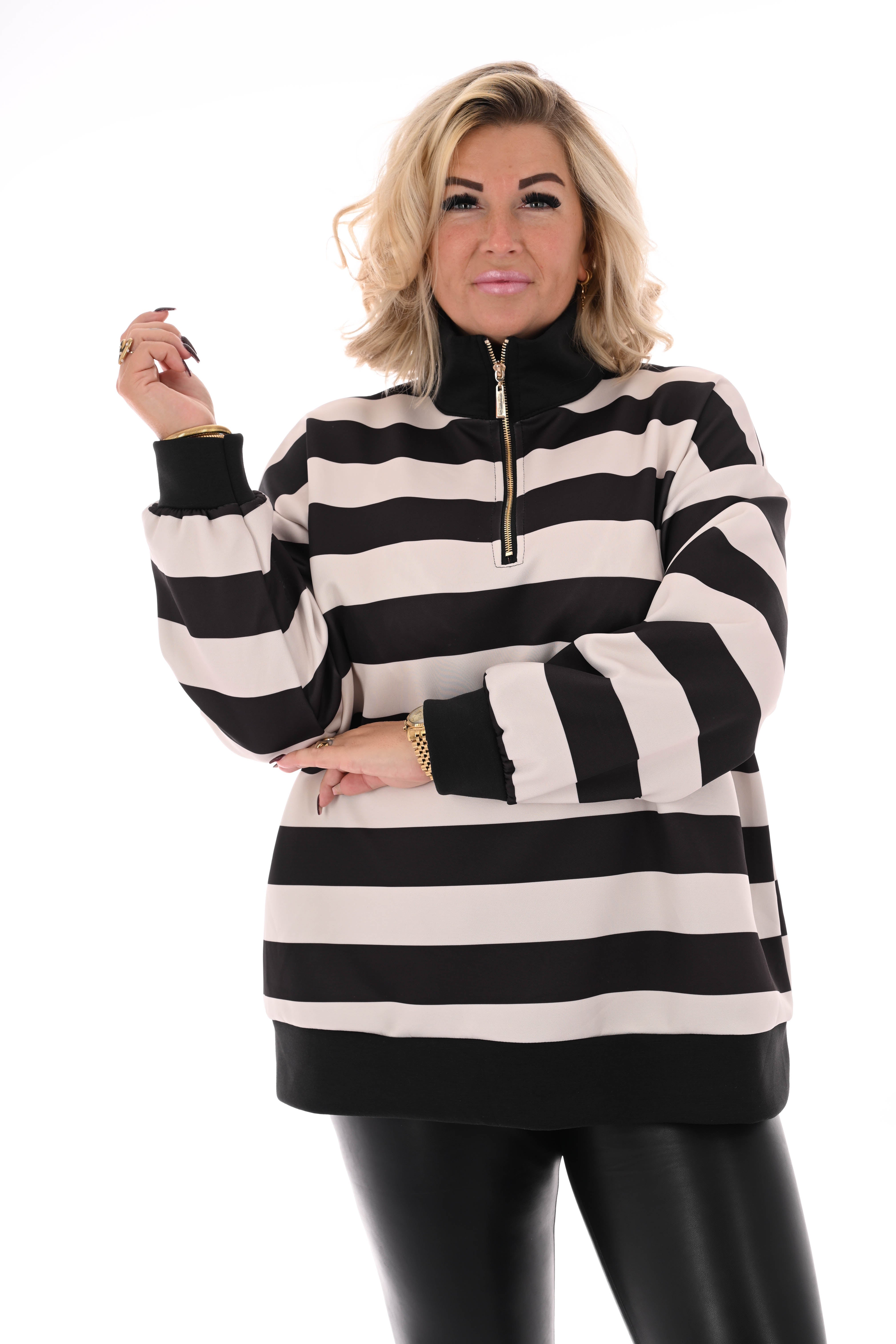 Sweater strepen met rits zwart