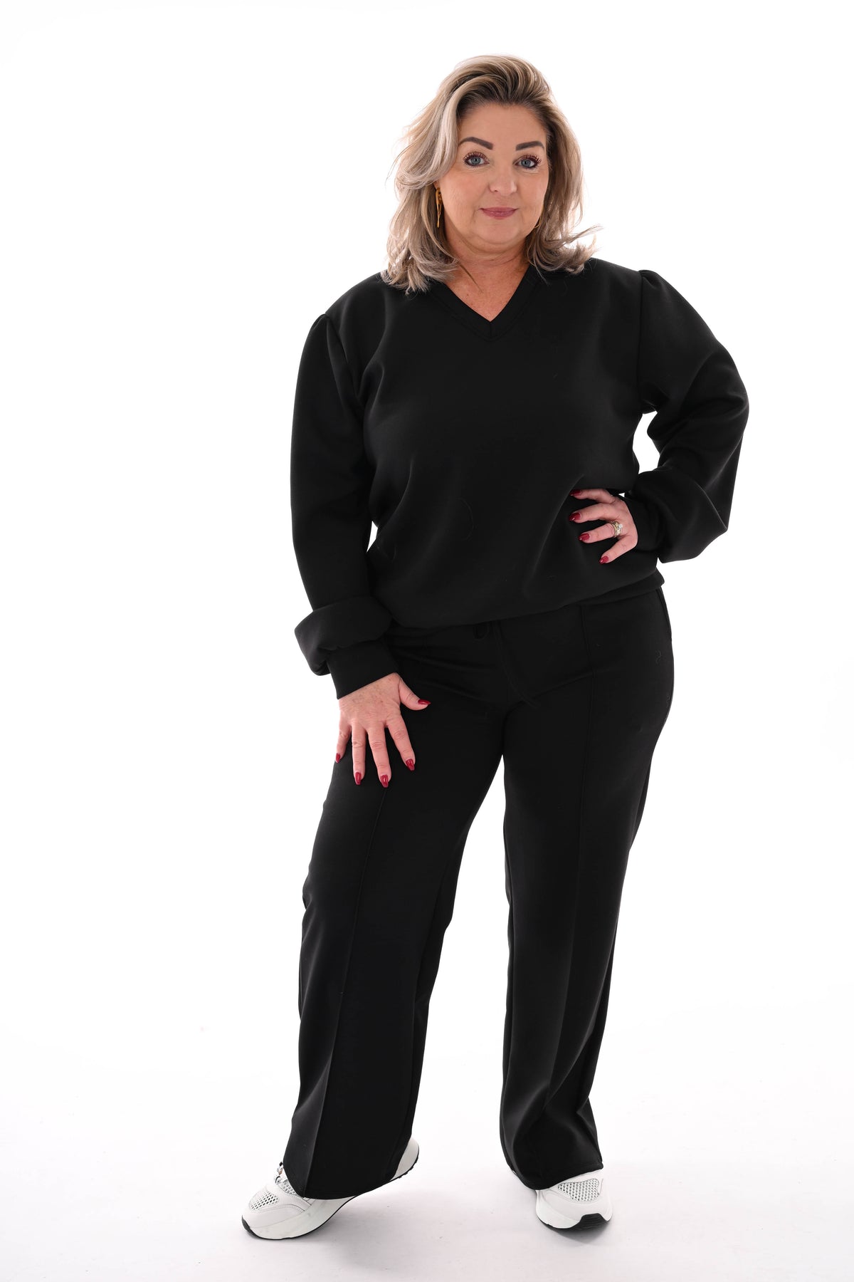 Tweedelig pak v-hals met boord uni zwart