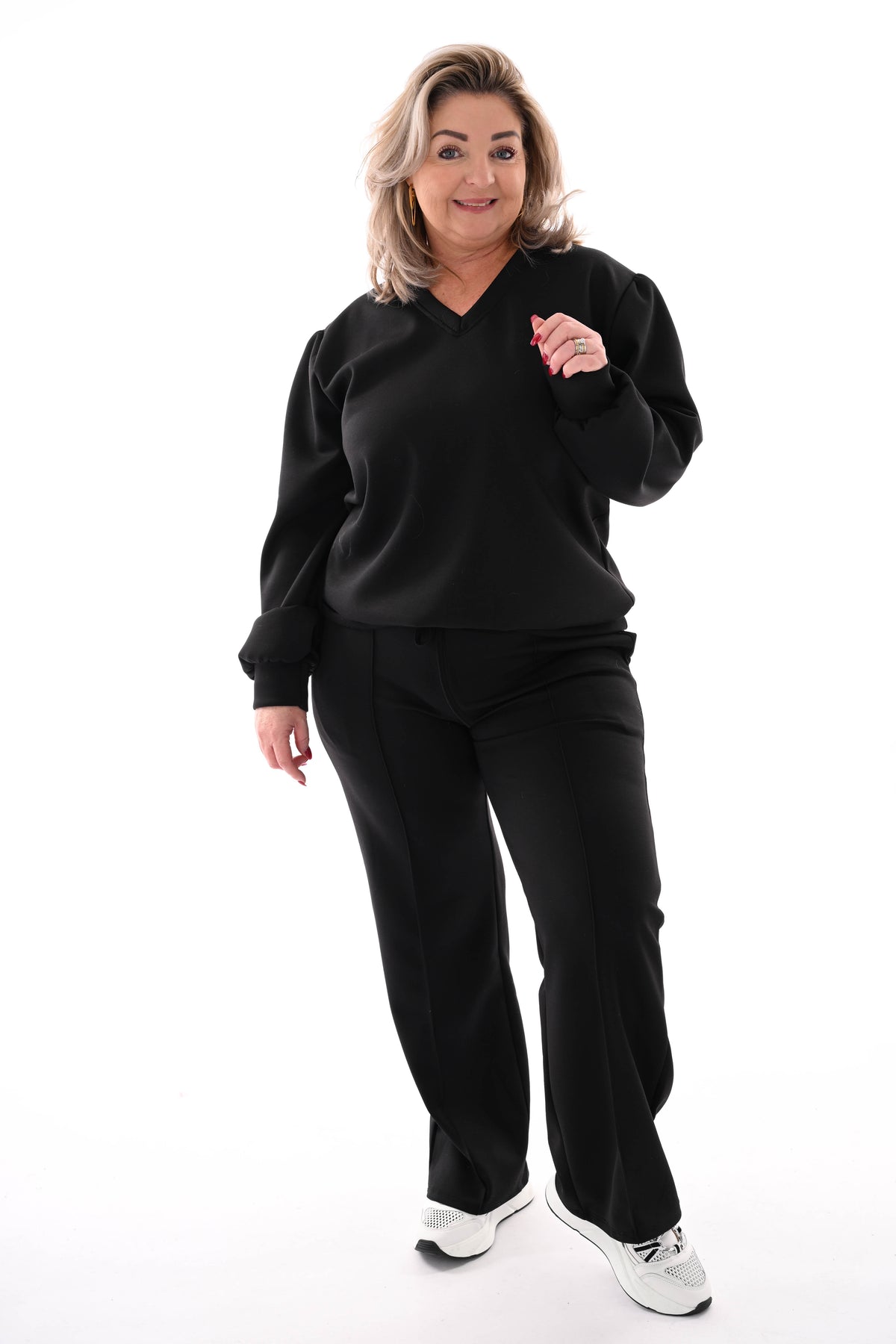 Tweedelig pak v-hals met boord uni zwart