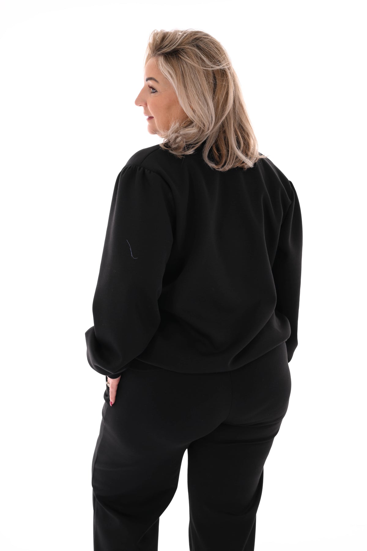 Tweedelig pak v-hals met boord uni zwart