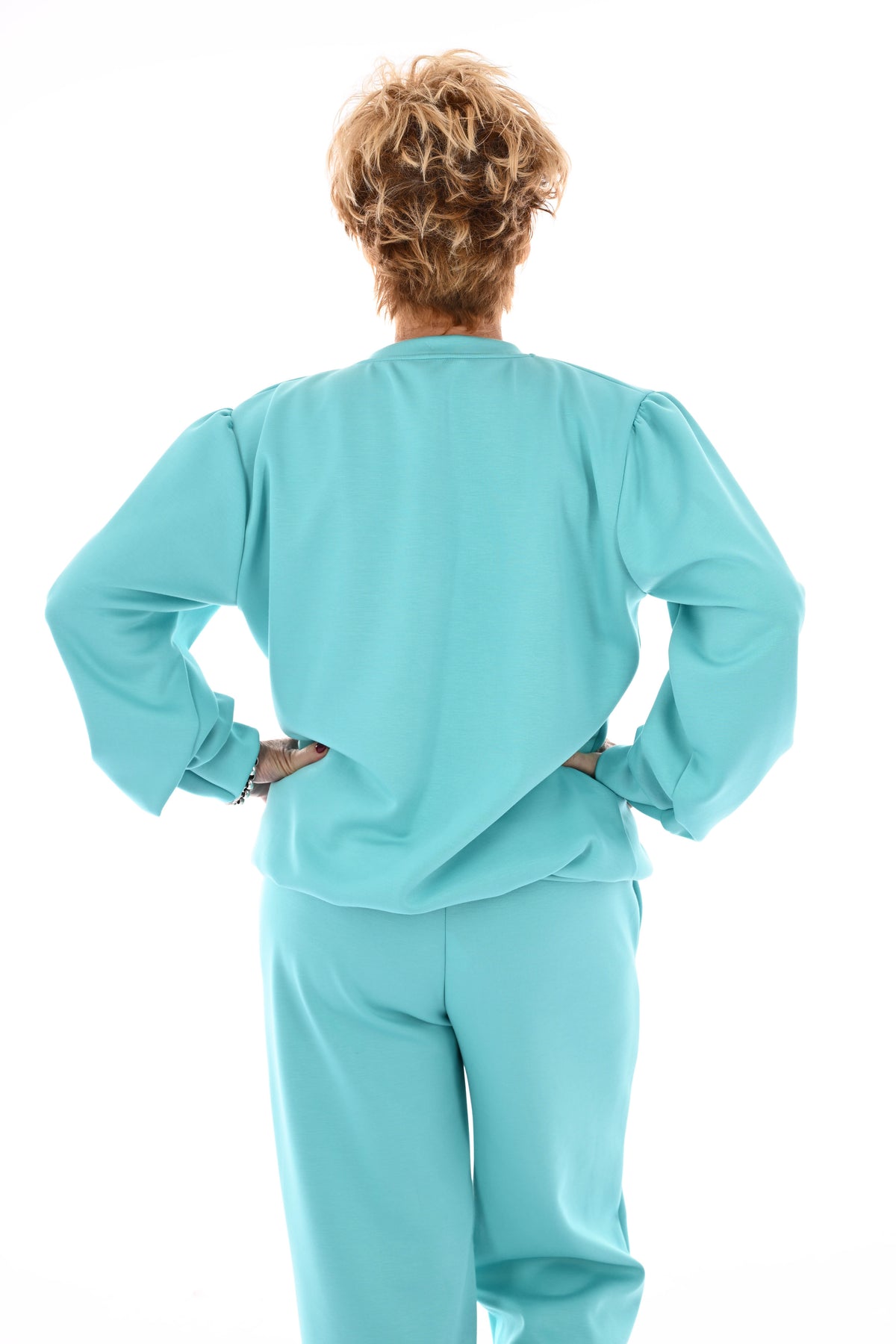 Tweedelig pak v-hals met boord uni aqua