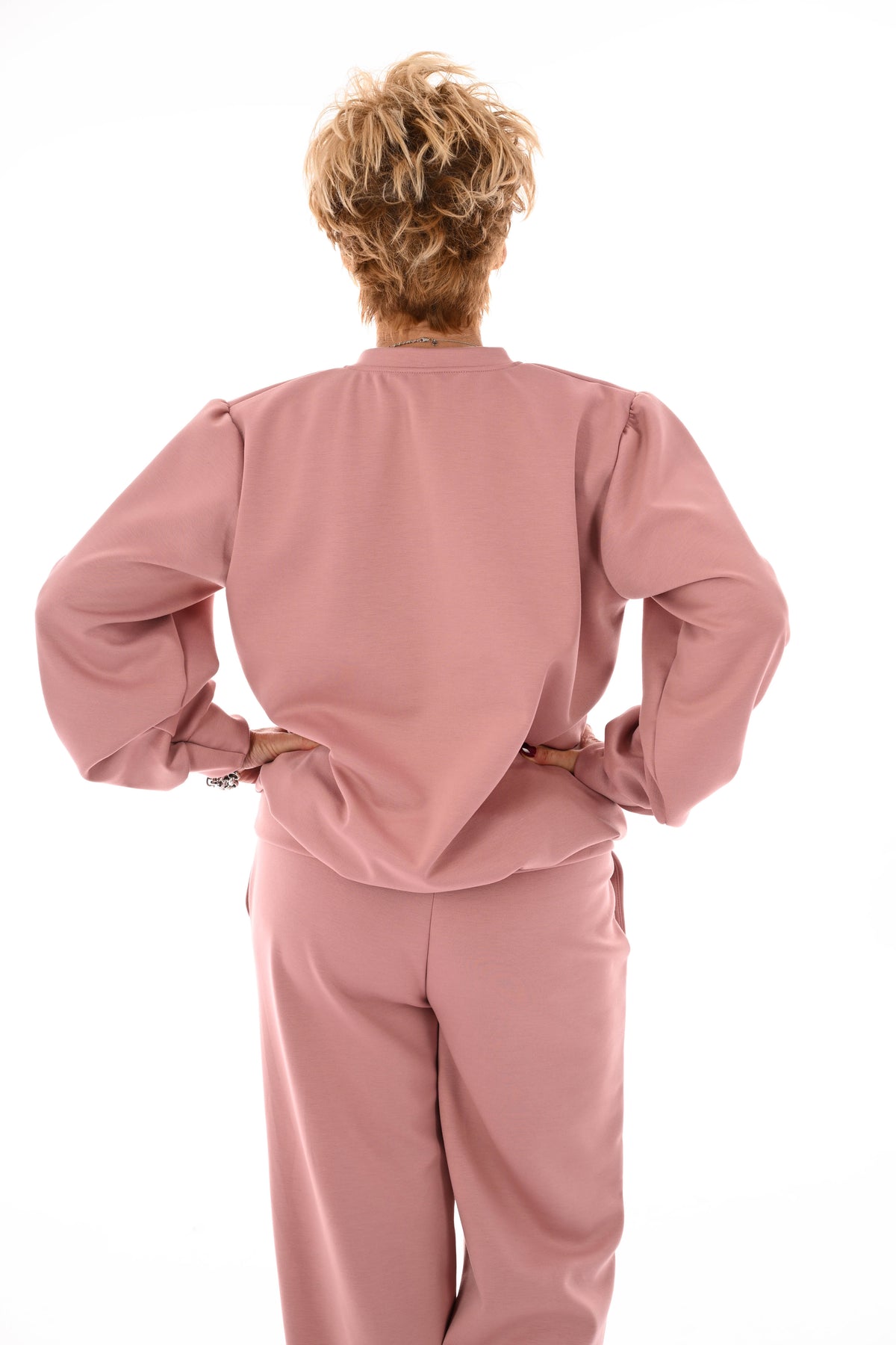Tweedelig pak v-hals met boord uni oudroze