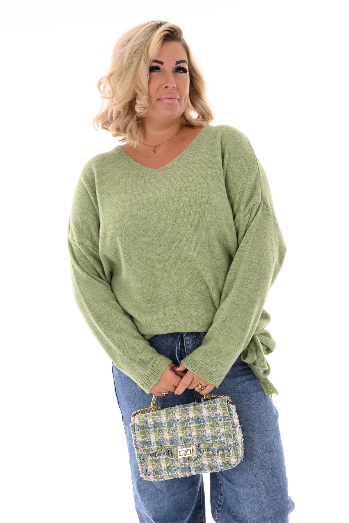 Gebreide trui v-hals uni  matcha