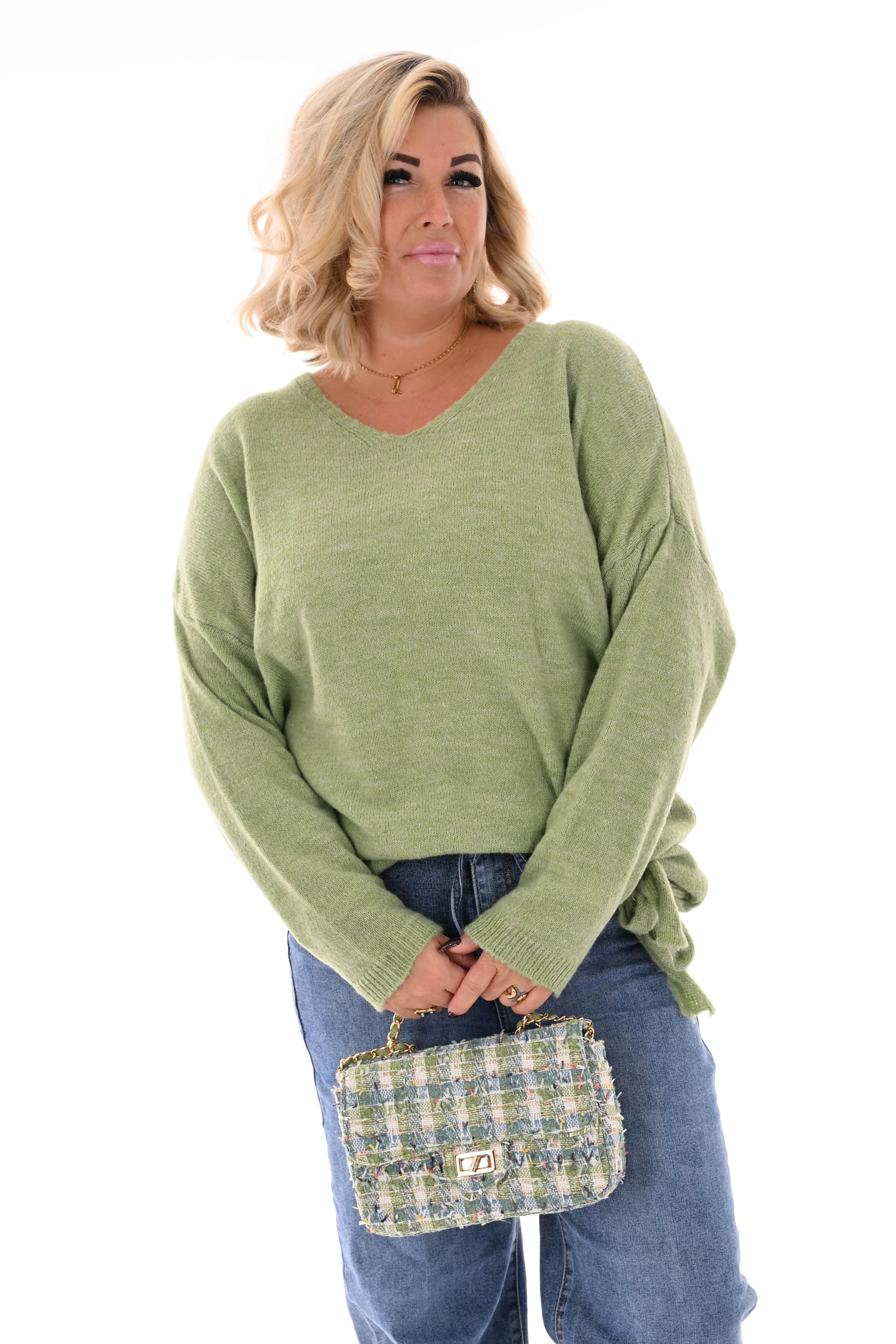 Gebreide trui v-hals uni  matcha