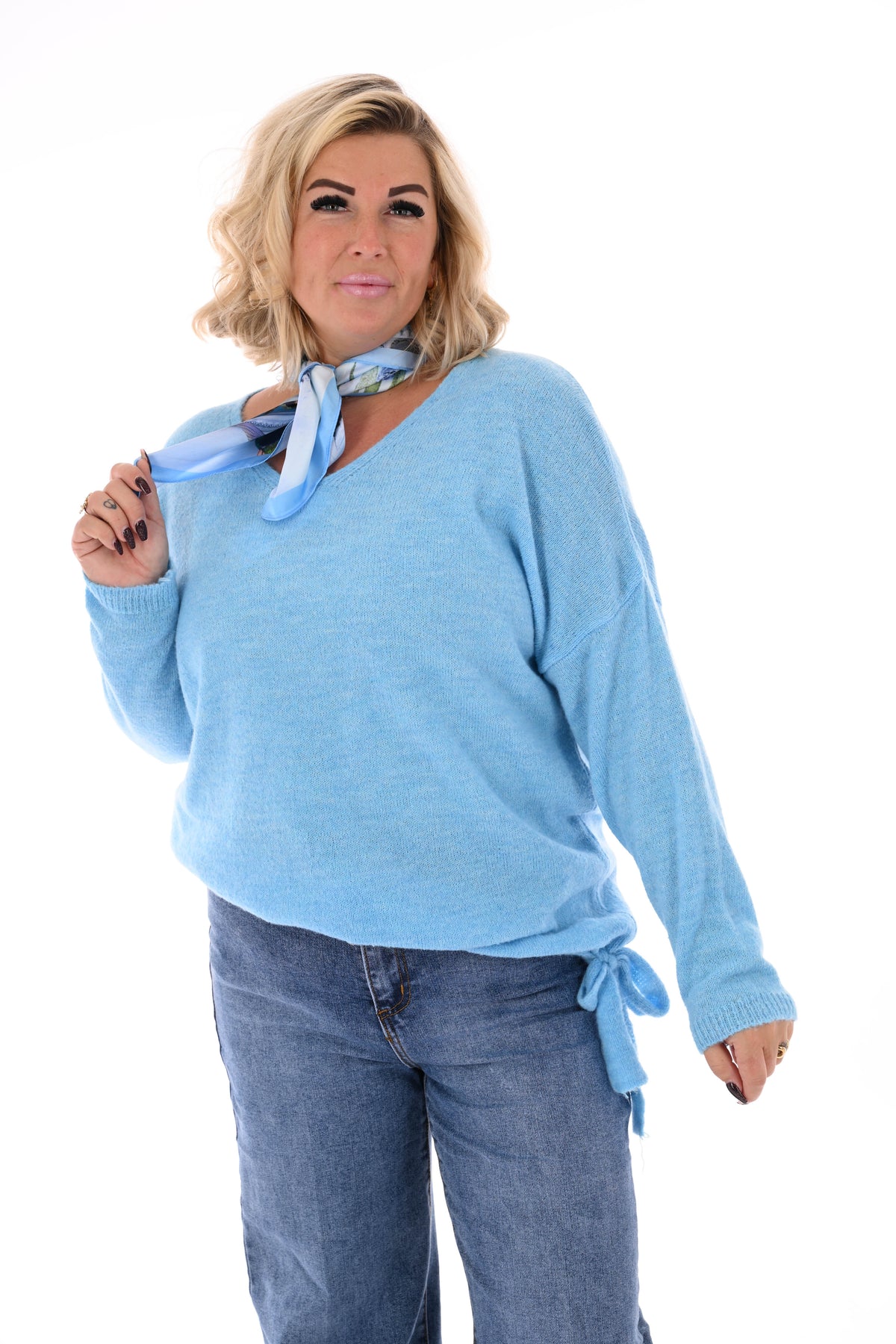 Gebreide trui v-hals uni  blauw