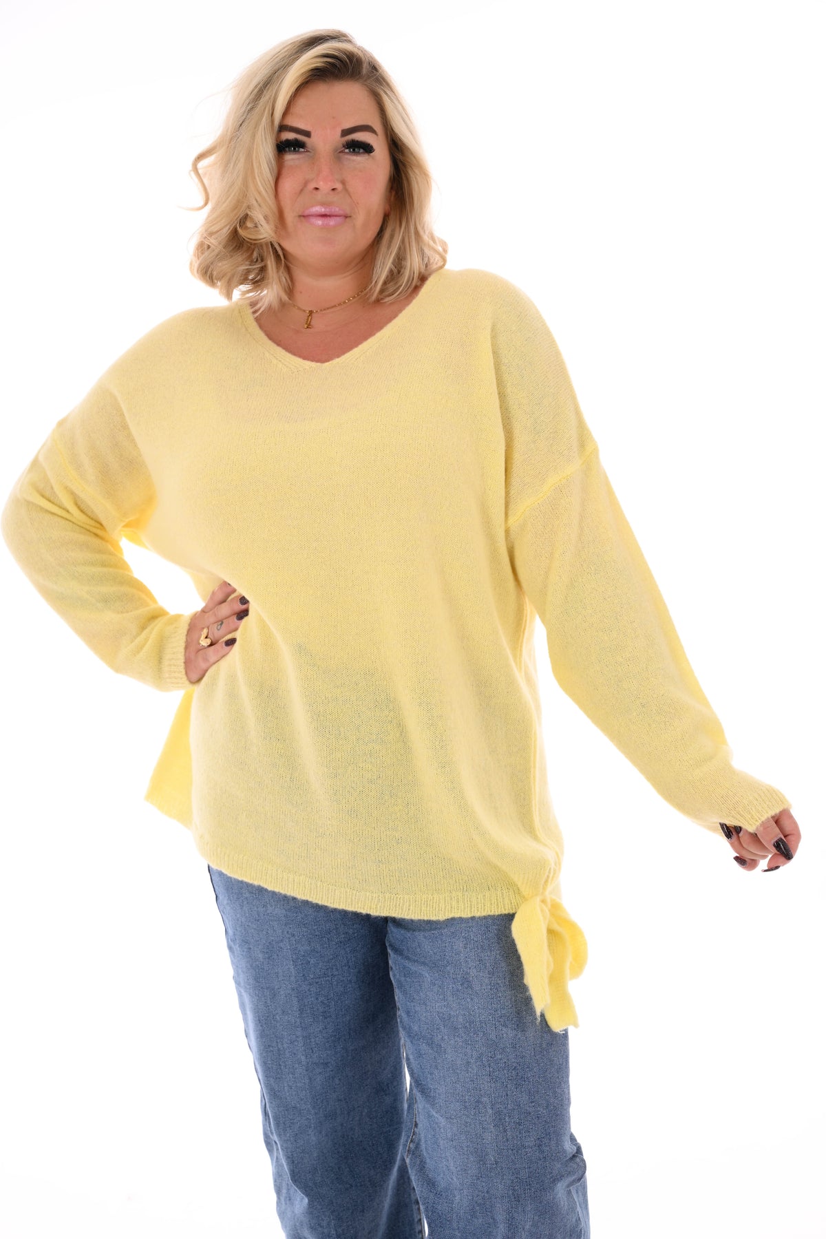 Gebreide trui v-hals uni  lichtgeel