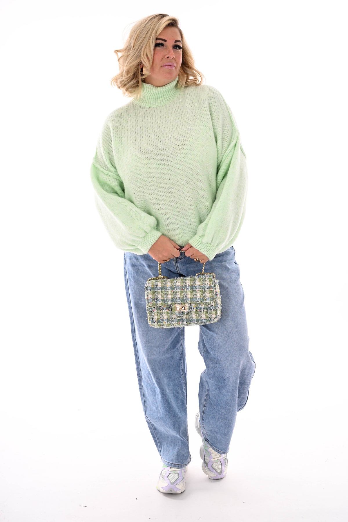 Gebreide trui turtle neck met pofmouwen mintgroen