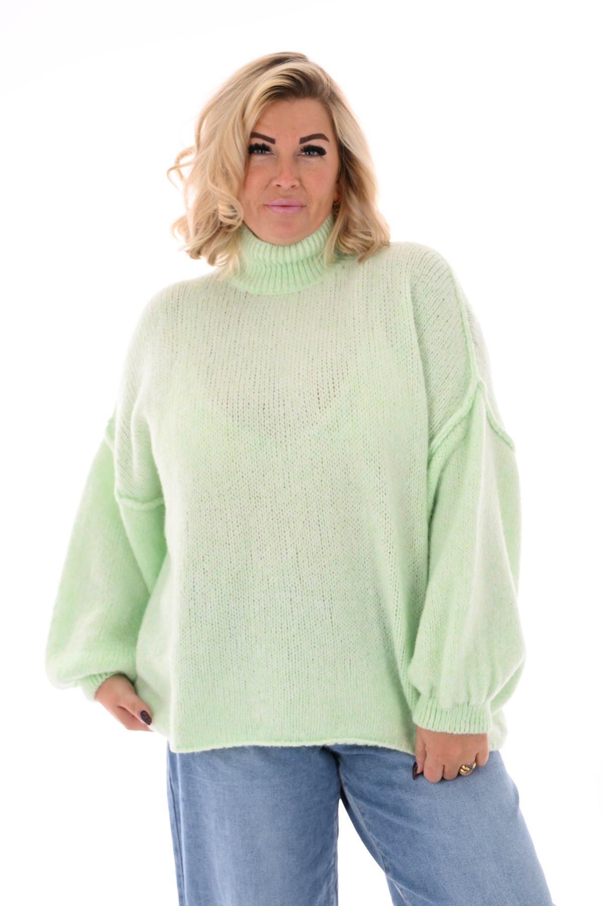 Gebreide trui turtle neck met pofmouwen mintgroen