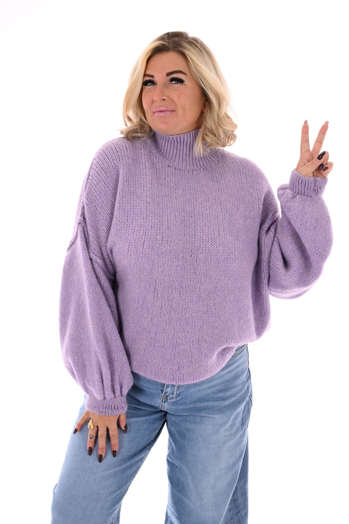 Gebreide trui turtle neck met pofmouwen lila