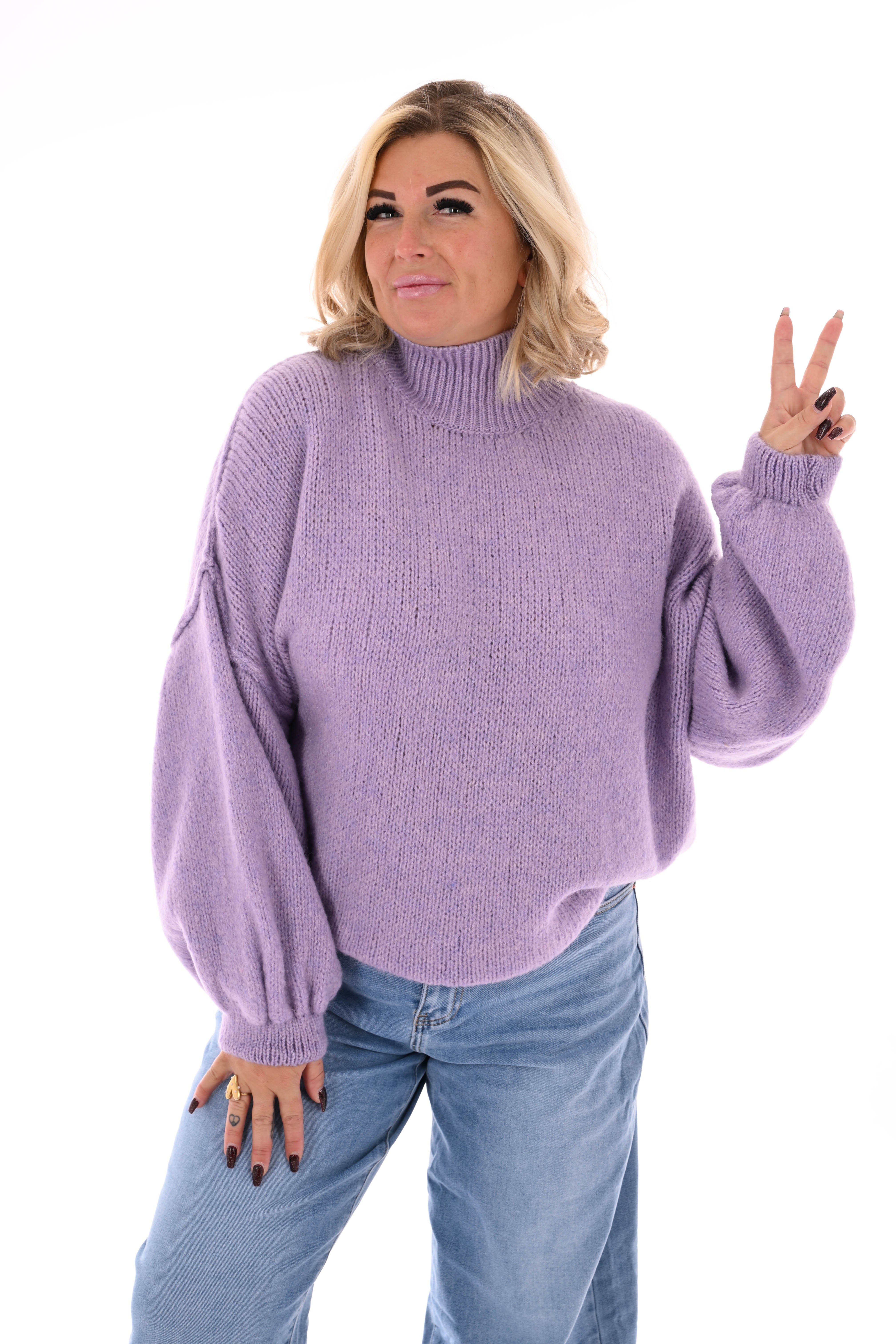 Gebreide trui turtle neck met pofmouwen lila
